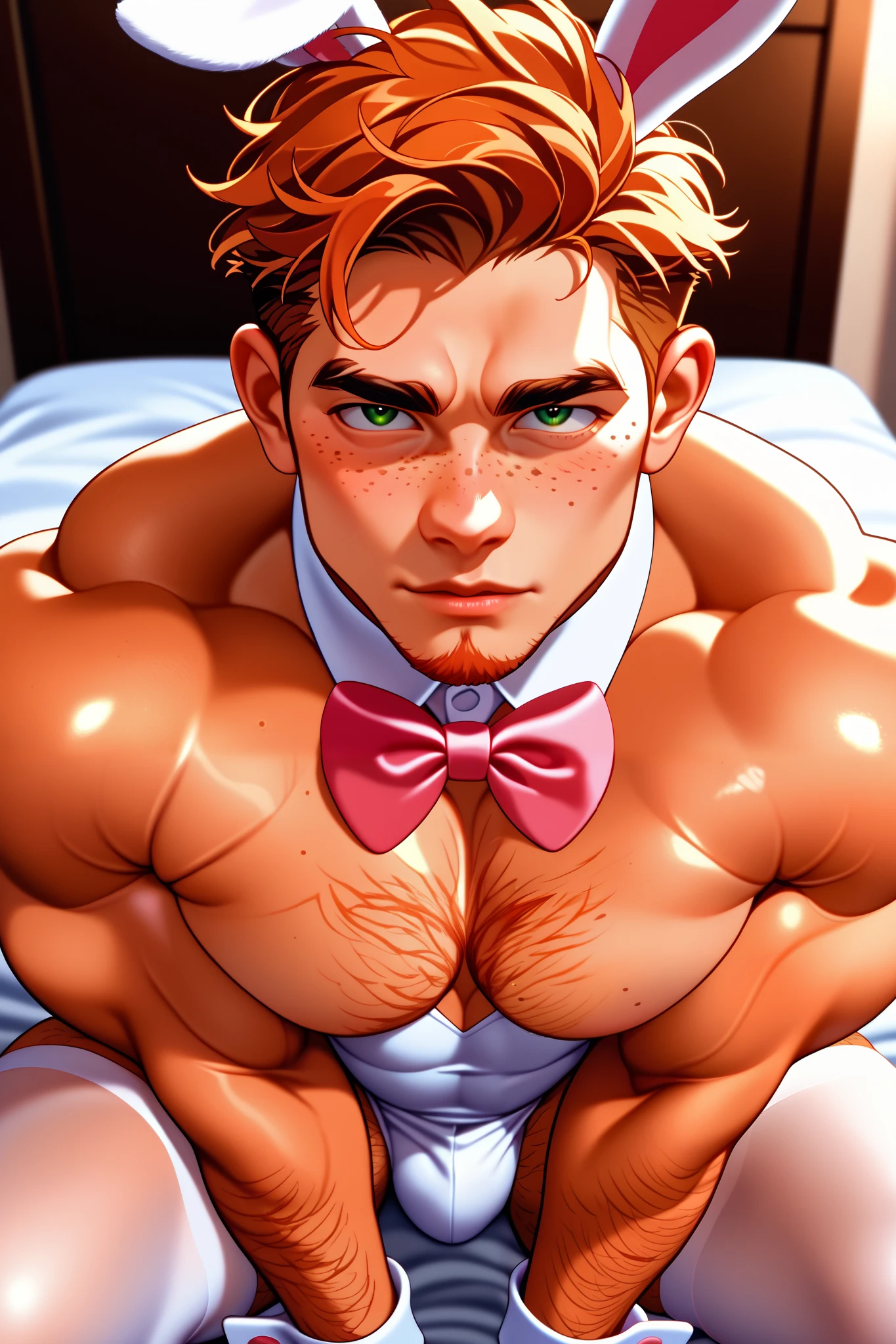 A Muscular masculine hunk, old man, pale skin man, man with very short ginger hair, freckled face man, freckled shoulders man, green eyes, ginger really short stubble beard, man wearing a really tight white leotard bunny suit, man with bunny ear's of the hair color, white collar with a pink bow tie, white cuffs, white nylon thigh highs, only man, only male, bedroom, seductive pose, showing body