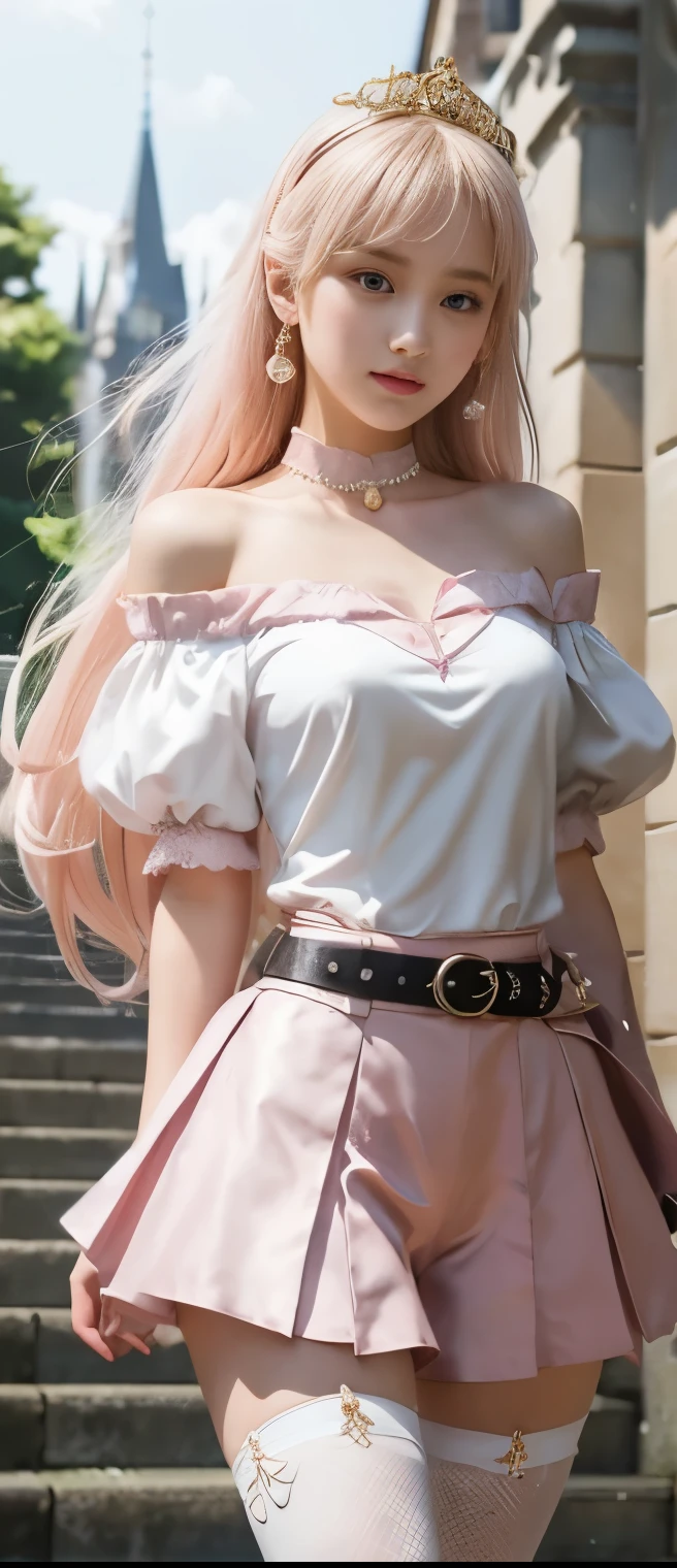 Pure Princess Idol Girl、A pure girl's face、 hypo、Platinum White and Pink Elegant Tight Shorts、Off Shoulder Elegant Shirts、gold buckle belt、Glowing Gorgeous Sword、Prism Castle、Elegant Diadem、Fishnet tights
