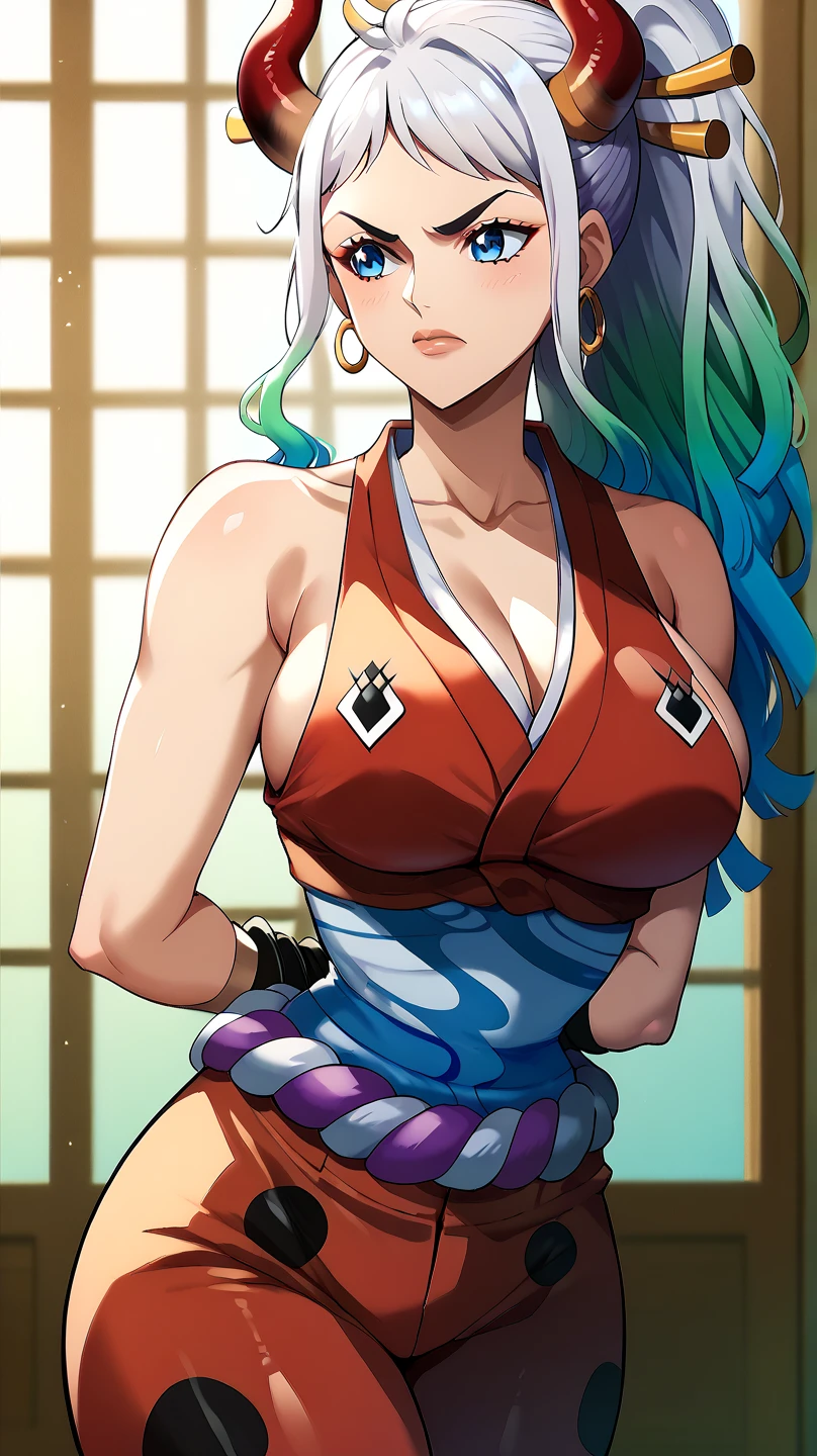 shrine、Yamato from One Piece、White Hair、Green Hair、Gradient Hair(Obscene body)、Sweat、Hanging from a rope(Tied up with rope)、Spread your legs、sit、Showing off your armpits、blush、Angry face、Open your mouth、pubic hair、A tight, muscular body、Big Tits、Big Ass、tall