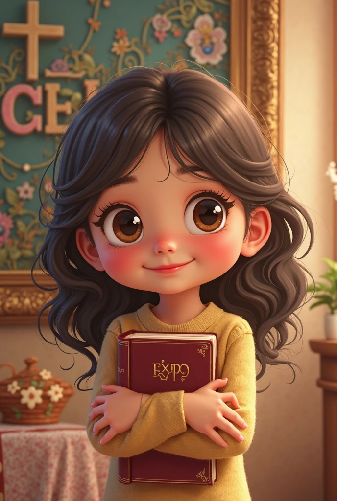 little . Cabelo; castanho claro. Amarrado em dois coques Olhos: castanho claro. Cor: branca. Vestido rosa claro e pink. Segurando um livro. Sorrindo. Estilo pixar disney