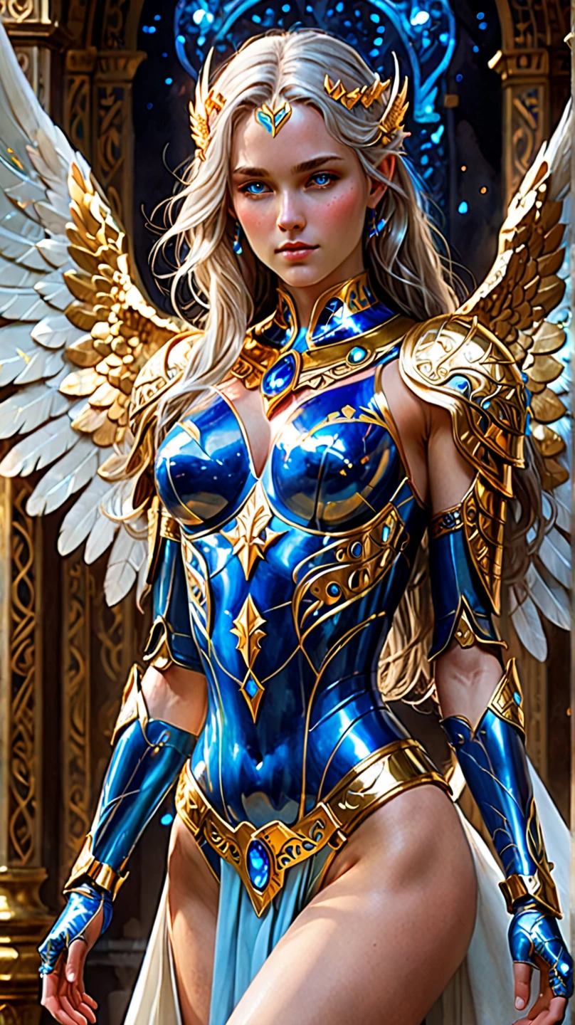 a full body shot of a woman standing on a roof top looking down at a city. A blonde woman, (glowing blue eyes), pretty face, full face, medium length straight hair over one shoulder. she wears shiny dark blue metal bikini with gold trim. (large breasts, cleavage:1.3), Natural skin texture, detailed skin. City scape background. , hex pattern on clothes, intricate runes carved on bikini, reflective surface, and a (Norse helmet with wings on the side covers her head:1.3), intricate details, armored glove, (left glove is gold with gemstones and runes). a stern expression on her face. (highres:1.3) (4k,8k,best quality, masterpiece), full-body image, volumetric lighting, lens flare.