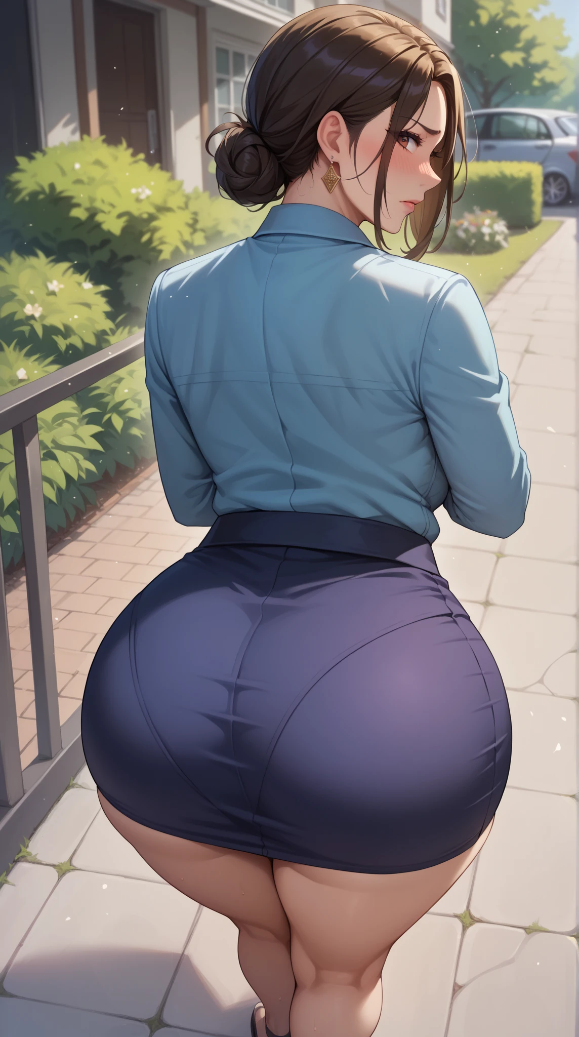 masterpiece, best quality, extremely detail 8k cg, high resolution, 1girl, kurenai yuhi, black hair, red eyes, choker, outfit-gls, sweater, high-waist skirt, perfect ass, huge breasts, outdoors, garden, standing, beautiful face, wide shot photo, full body, from behind