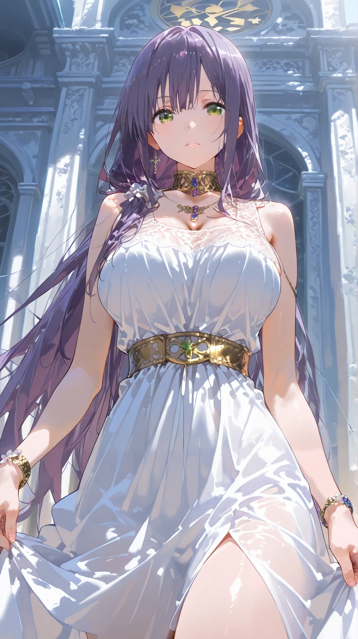  better quality , masterpiece , looking at the viewer, absurdres,1 girl, score_9, score_8_above, score_7_above,source_ anime ROMPS Sasha , green eyes, purple hair ,long hair, Big breasts, white dress1, dress, neckline, Petal bracelet, Golden belt, jewelry,  lyrics,  wallpaper , side opening, high opening, cross opening , Absolute Field , thighs,Architecture of Greece,outdoor, sunny, natural light