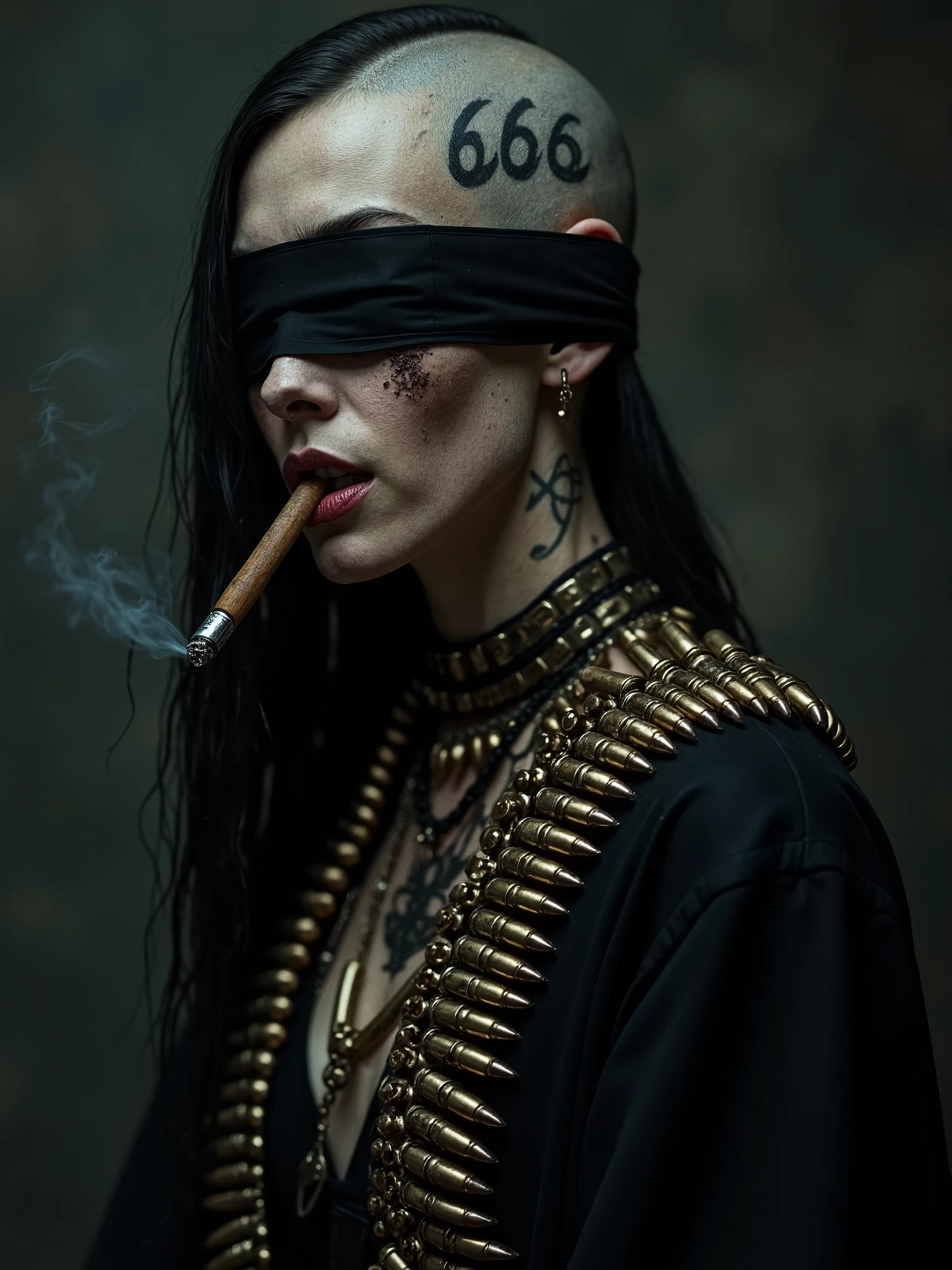 Beautiful cosmic entity, Half rotten Face and blindfolded,bullets belts over her shoulders,around her vaist,smoking a cigar,sad Face but majestic, realistic photography,dark art,dark melancholic photography half of the head shaved with 666 tattoo on the shaved part, melancholic dark art beautiful long haired woman 