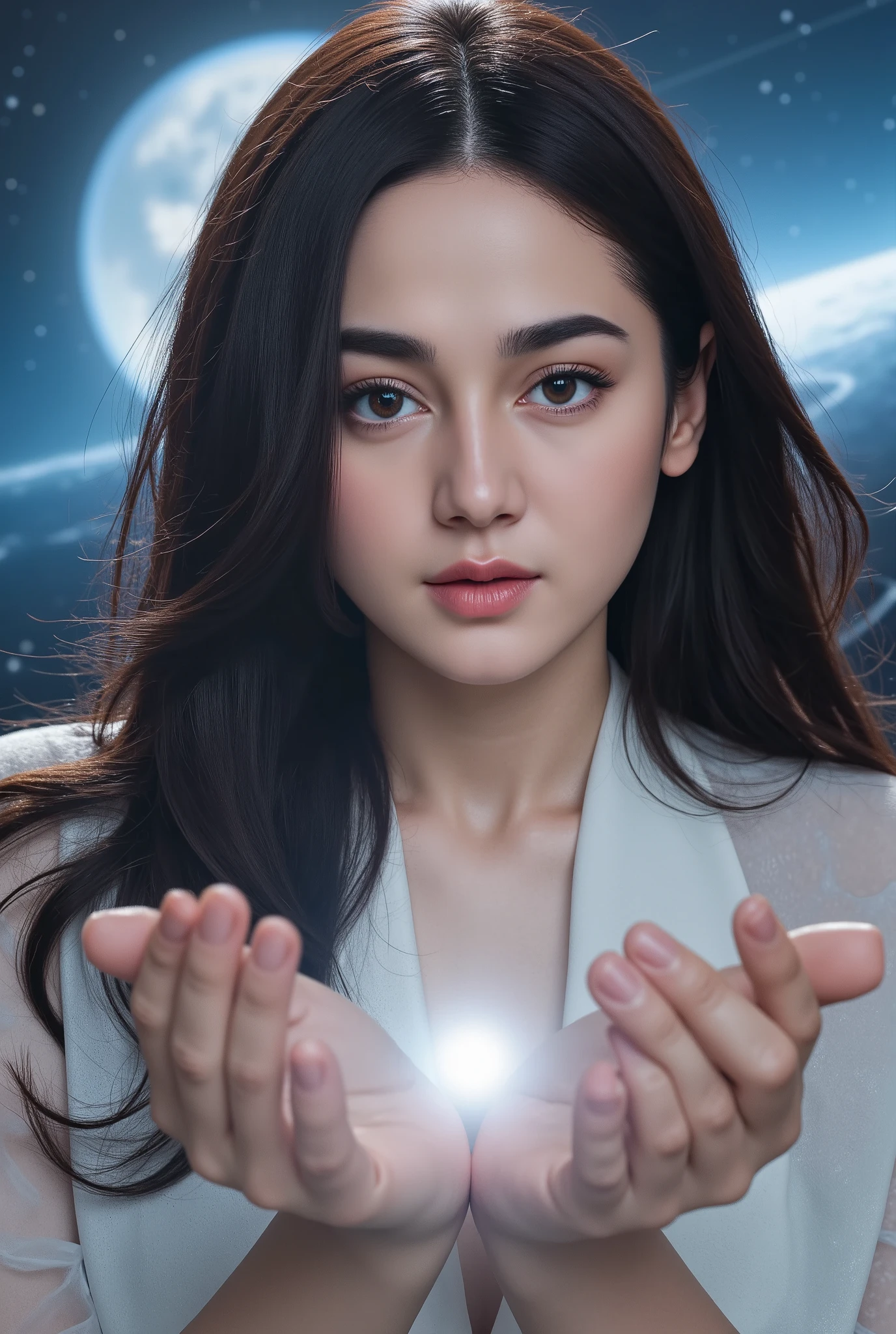 (masterpiece:1.2,Exceptional Quality,mirror-like,Cinematic Experience,Photorealistic:2.0,RAW Photos:2.0),8k,wallpaper,(1 female, Dilraba Dilmurat, black hair),(Detailed hand drawing:2.0),(Beautiful female hands:2.0),(A female Wuxia sage in the world of illusion:2.0),(sexy transparent wuxia costume:2.0),(Look this way),(Beautiful Eyes,Beautiful and shining eyes),(Women are on the brink of enlightenment:2.0),(She is meditating:2.0),(Smoke effect, special effect), (The woman&#39;s body is enveloped in an aura of enlightenment:2.0),(The background is the universe made up of 3,000 worlds:2.0),(VFX:2.0,CG:2.0)