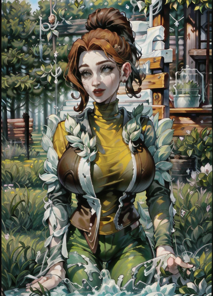 score_9, score_8_up, score_7_up, score_6_up, BREAK Triss merrigold, backpack, cleavage, medium breasts, seductive smirk, hands holding own hips, sweating, wide hips, big ass, in a forest, raining, frontal shot, exposed breasts, NSFW