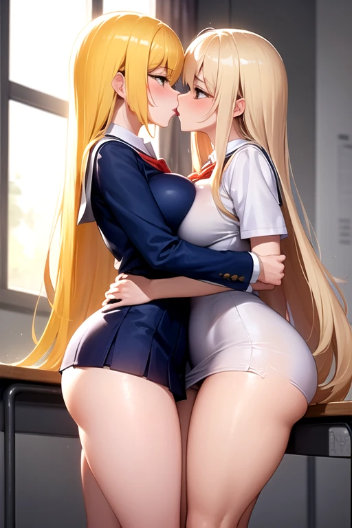 Three Japanese agers, with blonde hair, blue eyes, exaggerated breasts, diamond fins, big butts, red lips, bare breasts, big nipples, small waist, a tattoo that says Alejandro, big hips, marked abs, exaggeratedly thin, showing off their big naked butts to pose for a photo in the classroom