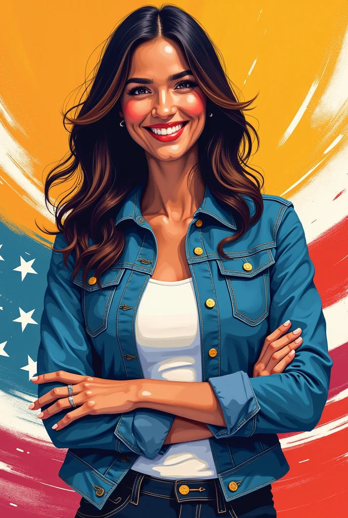a hyperrealistic portrait of a beautiful glamour woman blends out of the American flag style paint, flat color, illustrator, vector