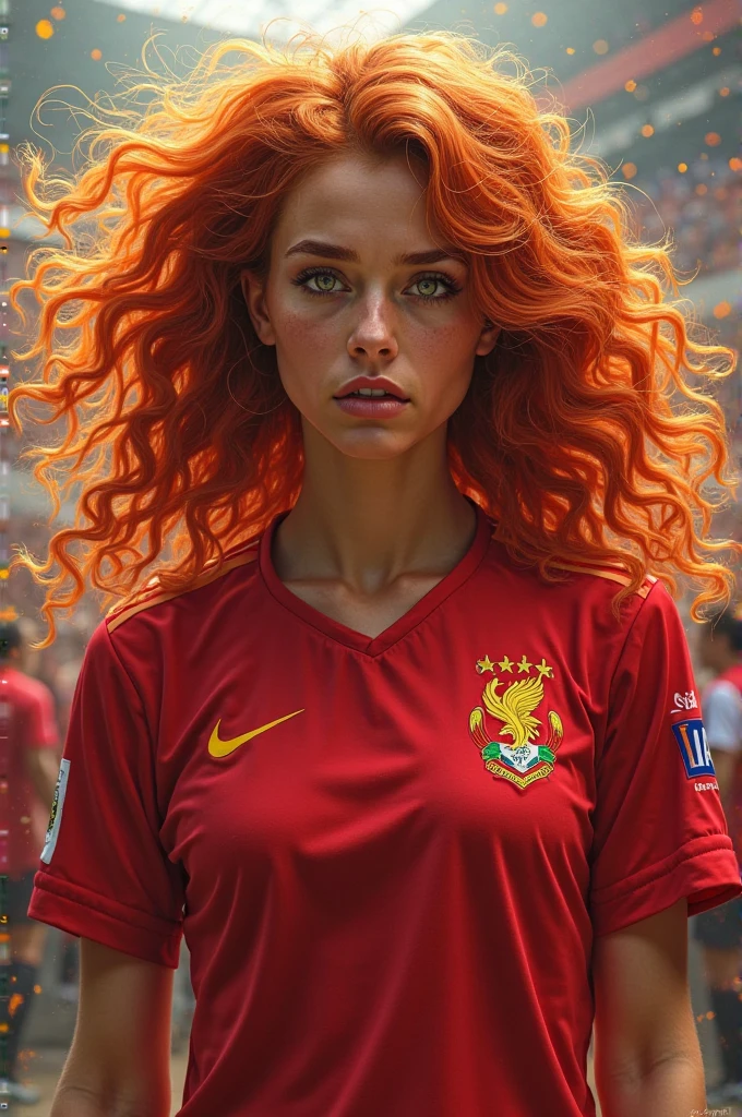 Make a red haired woman with a ji parana fc team shirt