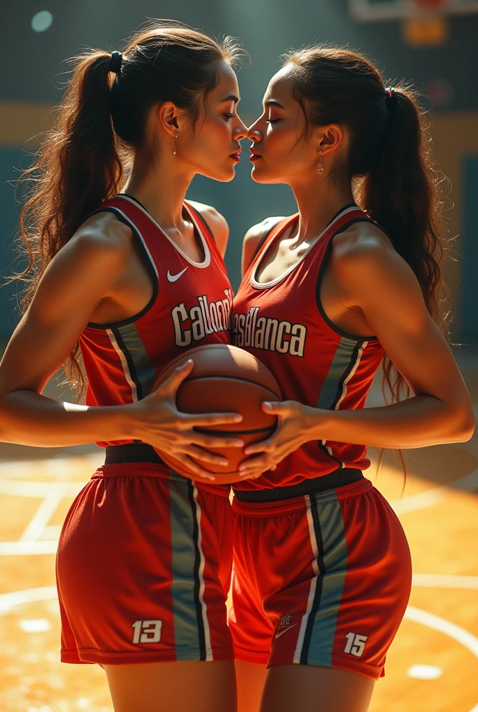 2 22-year-old athletes, Meisterwerk:1.3, 8K, fotorealistisch, RAW-Fotografie, best quality: 1.4, Beautiful face, facing each other, Lebensechtes Gesicht, Breasts press against each other, thin wet white tops, realistische Augen, gorgeous eyes, realskin, beautiful skin, ultra-high resolution, hyperrealistisch, two beautiful european women, Leichtathletikstadion bei Nacht, Landweg:1.5, Leichtathletik, smil, Brust an Brust, pierce through the thin sports tops and touch each other