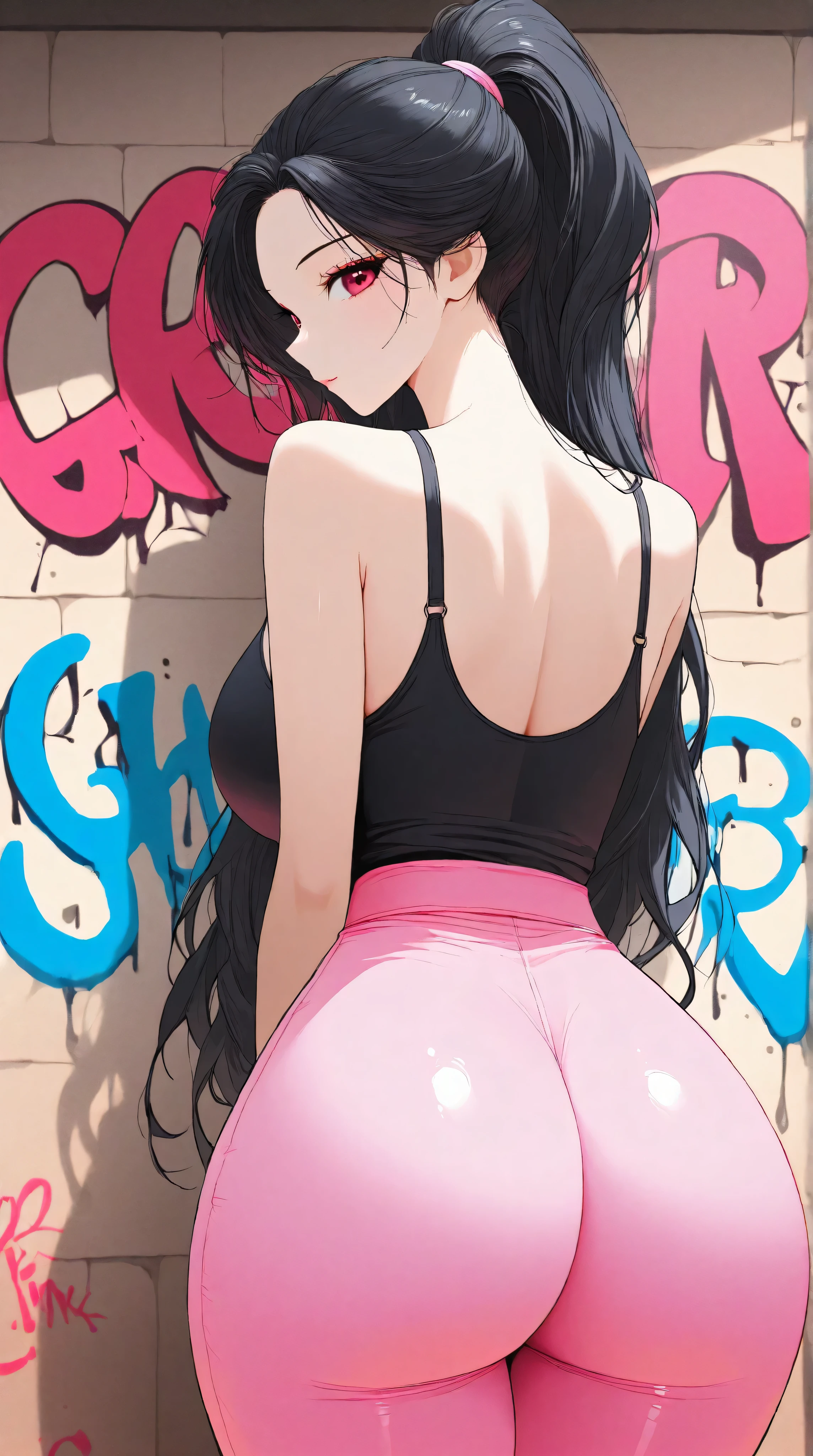 beautiful kpop idol girl wearing a pink hip-hop outfit covered elegantly, her curly long black hair beauty in ponytail, graffiti background, big round tight butt, 
