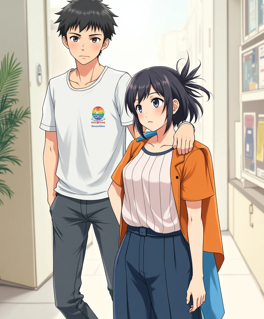 Casais masculinos e femininos　A menina senta-se numa cadeira，Use saias e camisas justas。The boys hugged from behind。Boy in high school pants uniform with cut mashed potato hairstyle。without glasses，Women are not dressed