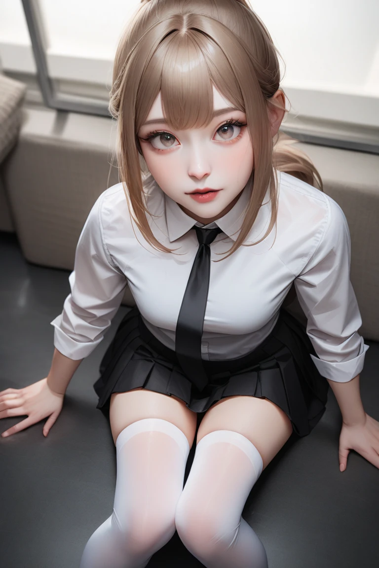 whole body, Highest quality, Realistic, Very detailed, finely, High resolution, 8k wallpaper, 1. Beautiful woman,, light brown, Shaggy hair, Wear a business suit, Sharp focus, Perfect dynamic composition, Beautiful and detailed, Thin Hair, Detailed Realistic skin texture, smile, Close-up portrait, Model body type,Cleavage、筋肉質で長くBeautiful legs、Beautiful feet、Super mini tight skirt、Sit on a chair、thin black pantyhose、I can see the toes of her high heels、Perfect Style、Perfect long legs、Beautiful legs、healthy and long legs、Poses that accentuate the legs、Perfect composition,Sexy poses showing crotch、