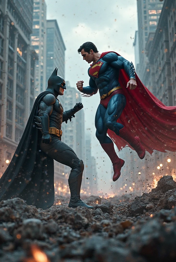 a dynamic and vibrant image depicting an epic battle between Batman and Superman. In the center of the scene, Batman, with his dark and detailed outfit, is in an aggressive fighting pose, using your fighting skills and gadgets. Superman, with his iconic blue and red costume, is in the middle of a powerful flight, with his muscles tensed and eyes glowing with his heat vision. The scene must be set in a destroyed urban setting, with ruined buildings and debris in the background, illuminated by lightning and thunderbolts. The mood should be dramatic, with dark clouds and a tense tone in the air. Lighting should highlight the intensity of the fight, with strong shadows and contrasts to accentuate the action and emotion of the confrontation.