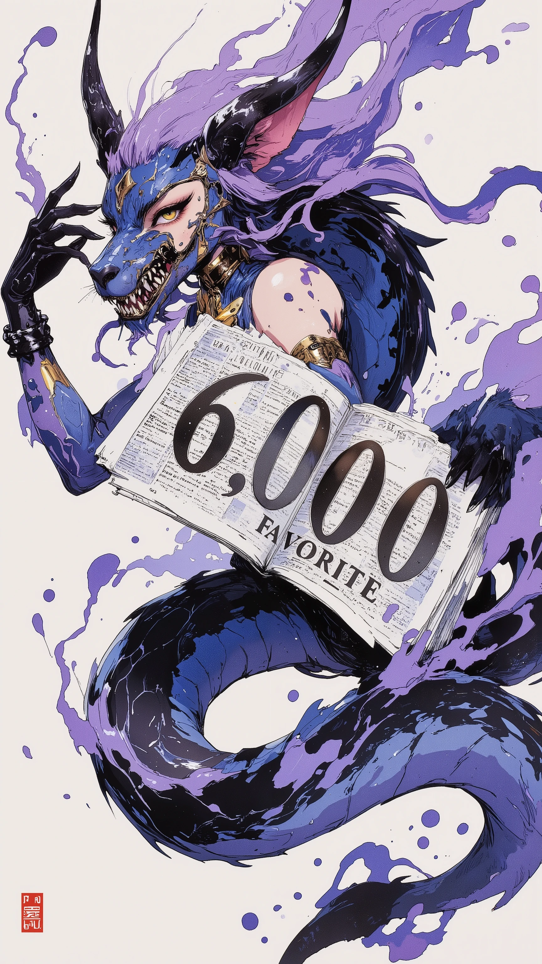 
(((article, "Thank you for 6K favorite ", Add text"Thank you 6K favorite", holographic big font)))(news style:1.5), {x},(best quality)))、(super high image quality)、(Super Detail)、(detailed description)、(Best CG ))、(masterpiece)、ArsMJStyle、(Zen ink wash painting)、(1girl,Lamia style girl.  the lamia is snake body,Blue costume. Purple hair.Black pattern. Spiky scales,The Lamia has snake’s yellow eyes),(purple aura),ランダムなシチュエーション,ランダムなアングル