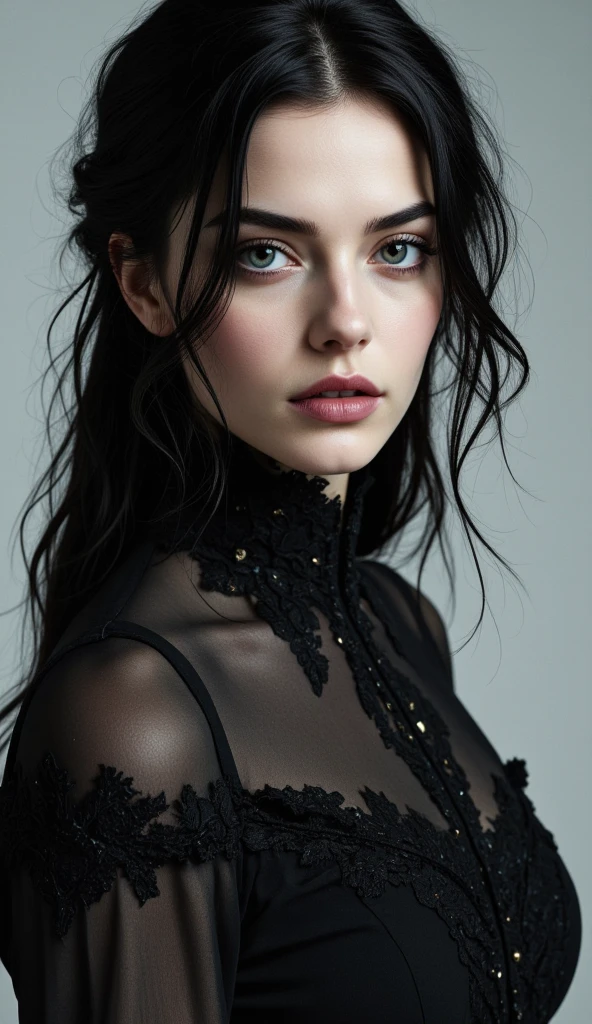 (best quality, highres, ultra-detailed), goth girl, attractive eyes, luscious lips, pale skin, long black hair, seductive expression, alluring gaze, revealing pose, elegant gothic clothing, intricate lace details, dark makeup, black nail polish, moody lighting, dramatic shadows, intense contrast, provocative atmosphere, fine art photography, sensual aura, mysterious vibes, delicate beauty, ethereal presence, captivating charm, confident and empowered, seductive glance, unique style, enchanting aura, minimalist background, subtle colors, striking composition, naked, full body, nude, legs spread open, showing vagina, erotic, pornographic,