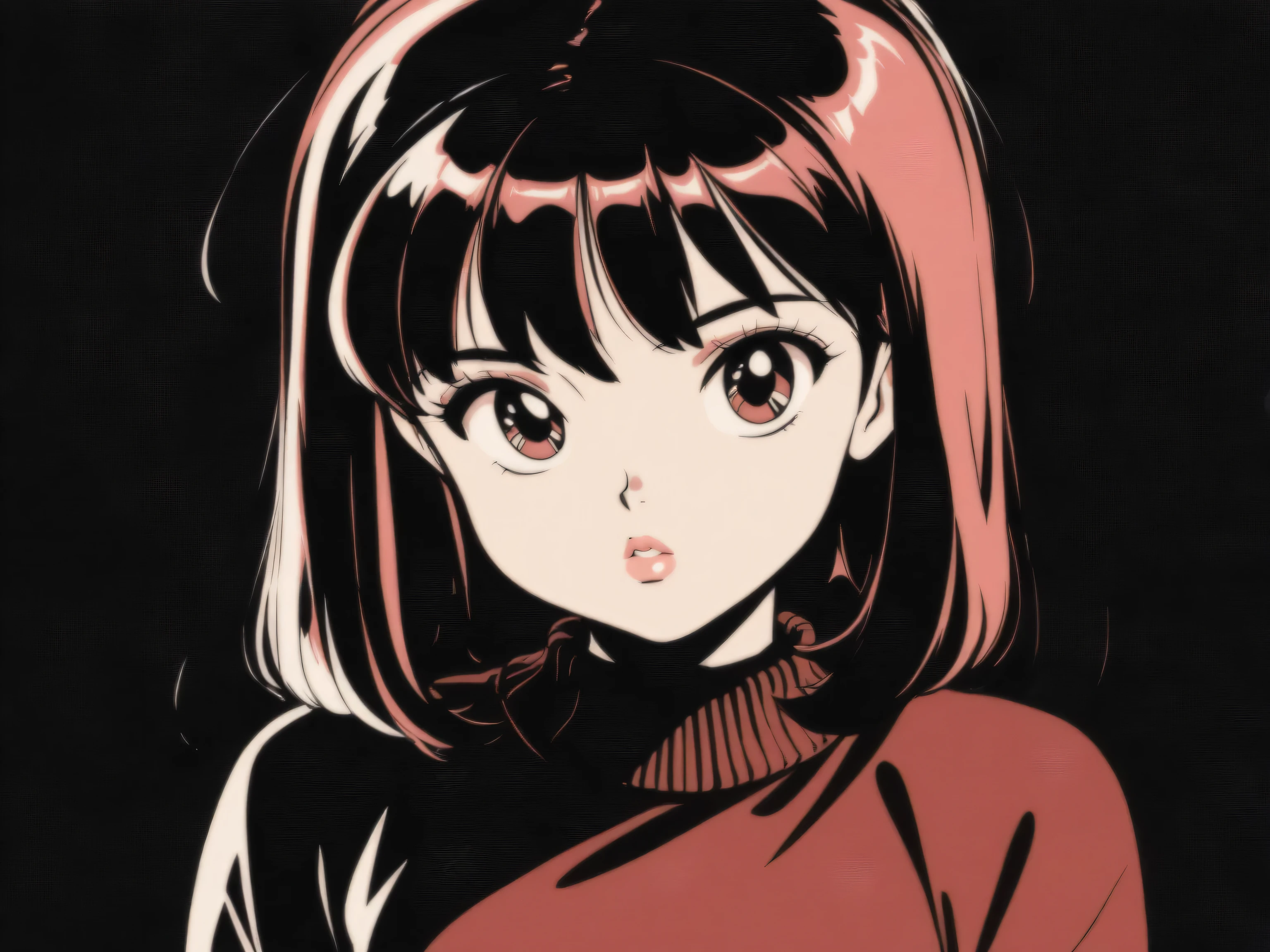 (highest quality, sketch:1.2), Dark monochrome background, anime,Illustrator,anime,1 girl, Detailed lips,sweater,custom,background completely black, Neon Hair,Texture Cropping,Canadian, masterpiece, Style: Retro Classic, Dark Black, art, black background, 