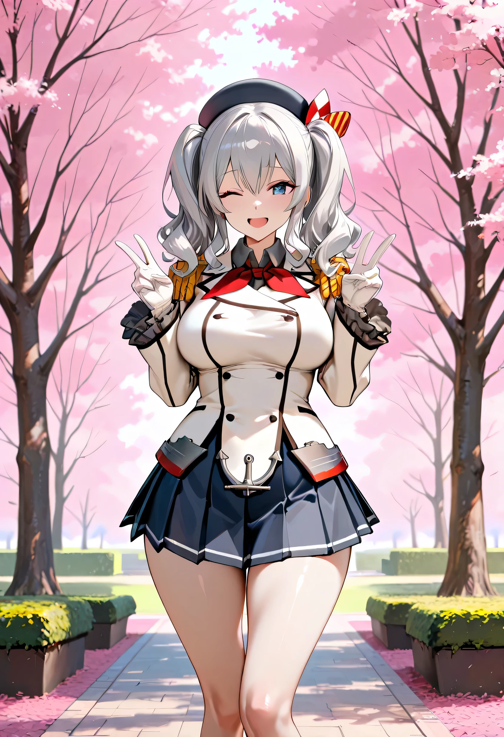 ((Top quality)), ((masterpiece)), (details),
High resolution, super detailed, very detailed CG Unity 8k wallpaper, real, photorealistic,
Beautiful fine face, detailed face.
Pale skin, realistic shining skin.
Detailed fabric texture, detailed hair texture.
(Eyes with attention to beautiful details: 1.5),
(Small hand), ((perfect hand)).
Slim legs, detailed legs.
((Perfect Anatomy)).
Perfect lighting.
Break
A girl,age:18,
鹿島(艦隊コレクション),
Kashima (kancolle),
Kashima (fleet girl’s collection),
(Gray hair:1.5), Medium Hair, wavy Hair, (twin tails),
(blue eyes:1.2),((Big smile:1.2)),
(Slender: 1.1), (big chest: 1.2),
(Most big butt: 1.3), (Fluffy thighs: 1.1), face, double v,one eye closed,open mouth,
Break
A girl,age:18,
Navy, white military uniform,
Beret, epaulettes,
Red neckerchief,
white gloves,
jacket, ruffled sleeves, long sleeves,
pleated skirt, miniskirt, anchor, peace sign both hands, Concentrate face,
Break
According to the right side,
At garden with cherry blossoms,