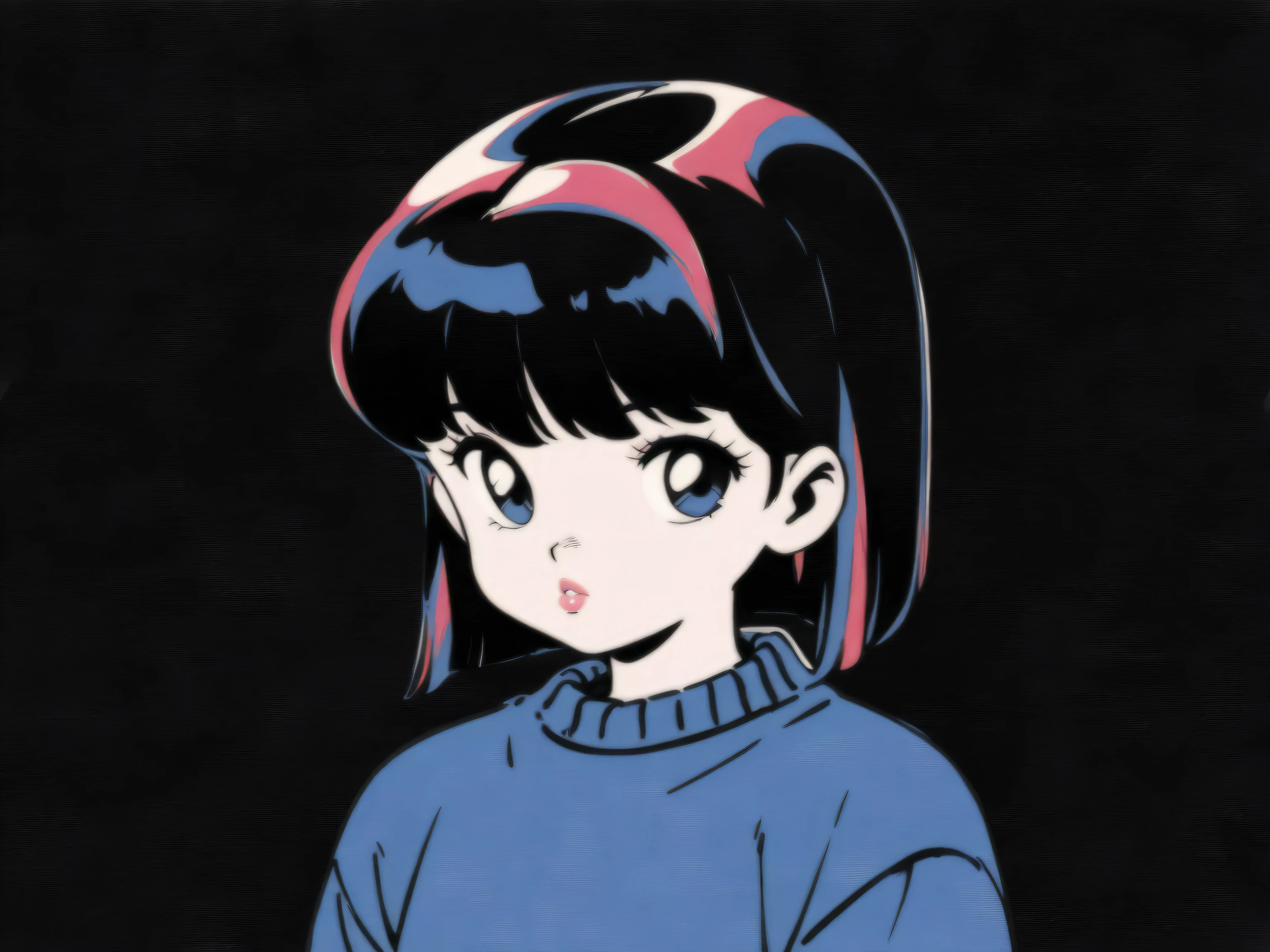 (highest quality, sketch:1.2), Dark monochrome background, anime,Illustrator,anime,1 girl, Detailed lips,sweater,custom,background completely black, Neon Hair,Texture Cropping,Canadian, masterpiece, Style: Retro Classic, Dark Black, art, black background, 