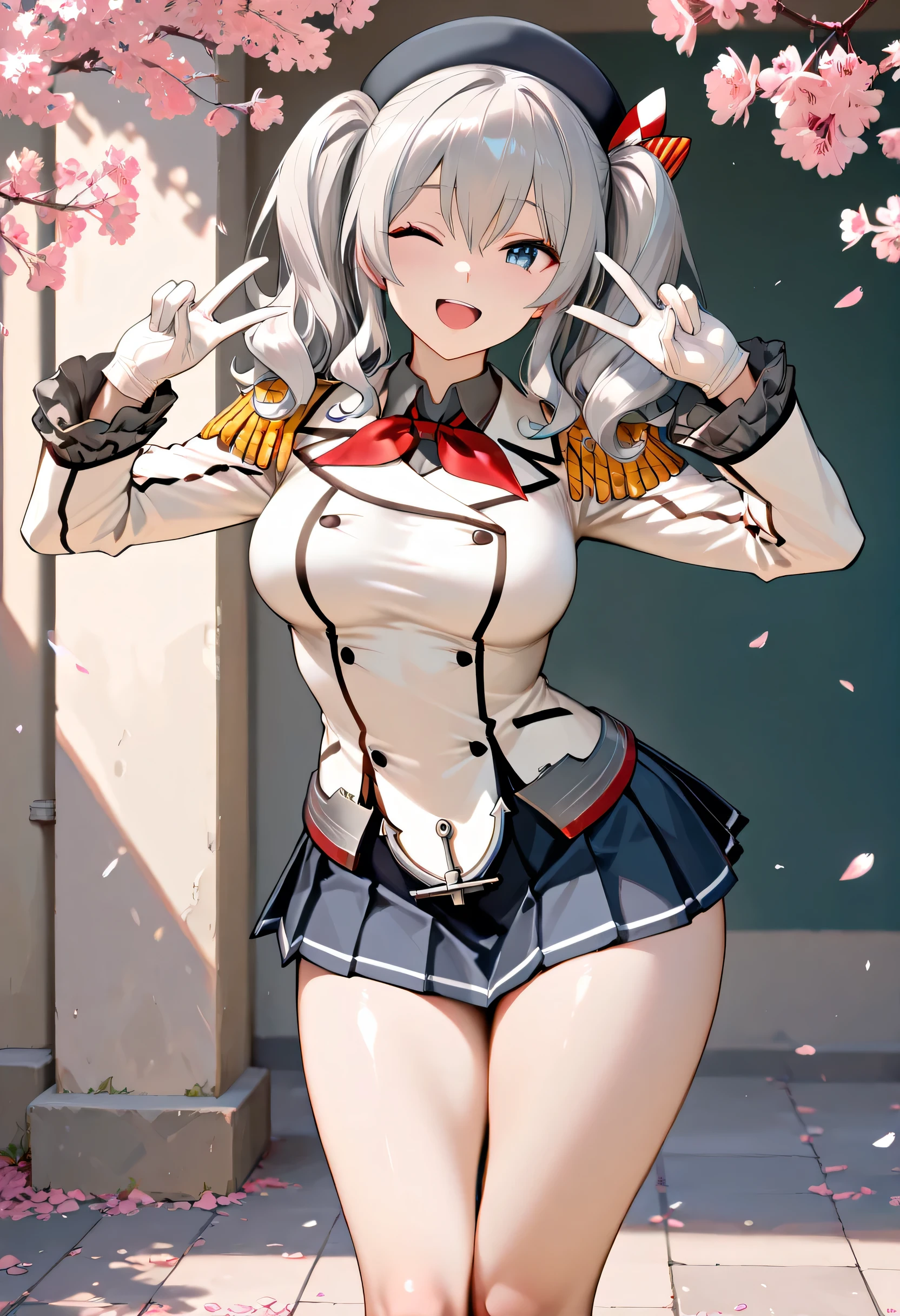 ((Top quality)), ((masterpiece)), (details),
High resolution, super detailed, very detailed CG Unity 8k wallpaper, real, photorealistic,
Beautiful fine face, detailed face.
Pale skin, realistic shining skin.
Detailed fabric texture, detailed hair texture.
(Eyes with attention to beautiful details: 1.5),
(Small hand), ((perfect hand)).
Slim legs, detailed legs.
((Perfect Anatomy)).
Perfect lighting.
Break
A girl,age:18,
鹿島(艦隊コレクション),
Kashima (kancolle),
Kashima (fleet girl’s collection),
(Gray hair:1.5), Medium Hair, wavy Hair, (twin tails),
(blue eyes:1.2),((Big smile:1.2)),
(Slender: 1.1), (big chest: 1.2),
(Most big butt: 1.3), (Fluffy thighs: 1.1), face, double v,one eye closed,open mouth,
Break
A girl,age:18,
Navy, white military uniform,
Beret, epaulettes,
Red neckerchief,
white gloves,
jacket, ruffled sleeves, long sleeves,
pleated skirt, miniskirt, anchor, peace sign both hands, Concentrate face,
Break
According to the right side,
At garden with cherry blossoms,