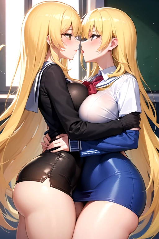 Lesbian (very long loose yellow hair)(big breasts, big thighs)(with clothes it is very tight) that he is kissing at school with his girlfriend,(big breasts, big thighs)lesbian love