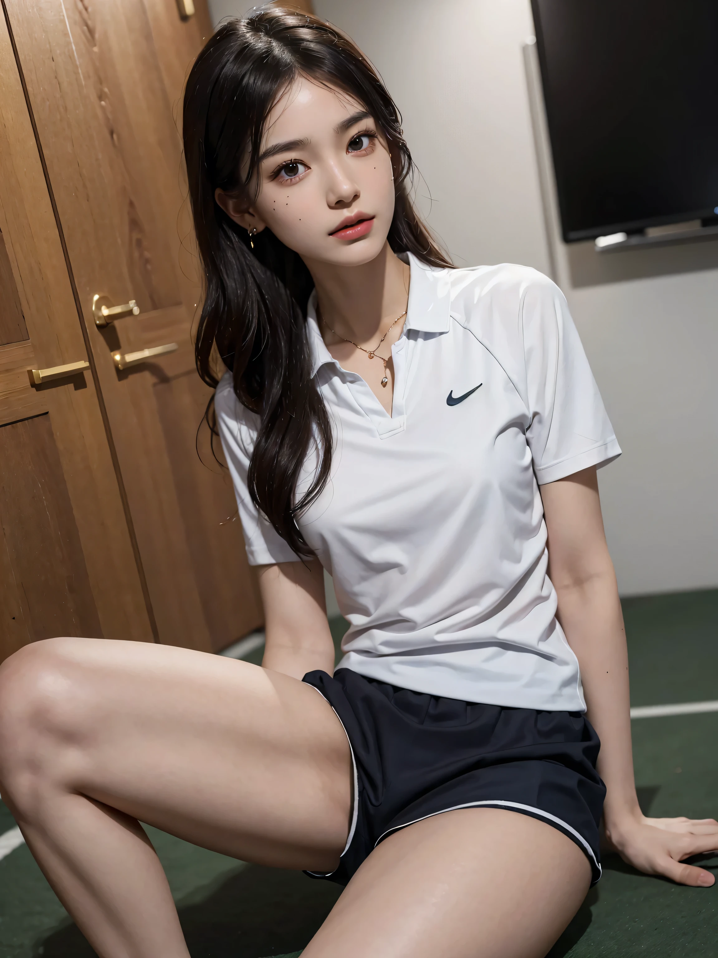 absurdres, RAW photo, extremely delicate and beautiful, masterpiece, Best Quality, ultra high resolution, 32k, hyperrealistic, ultra-detailed, perfect anatomy, perfect figure, super Detailed skin, 20 years old, very Slim body, narrow waist, very small head, very small face, delicate facial features, tearful mole, earring, thin legs, ((very huge round breasts)), ((full body shot)), ((alone)), short medium hair, ((wavy hair)), (((golf uniform))), (shorts),