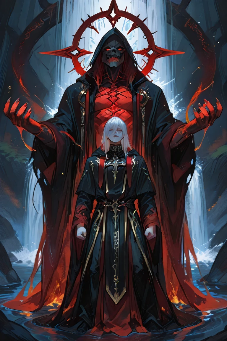 masterpiece, top quality, 1 old grandpa, long beard, braided hair, necromancer, lazy eye, delicate eye detail, intricate detail, (style-pixiv:0,8), portrait, (blood spread :0,7 ), solo, full body shoot, background detail, (wind blowing with souls flying: 1.1) dynamic lazy pose, necromancer, pentagram, medieval hood and cape suit, medieval, abyss of darkness in background