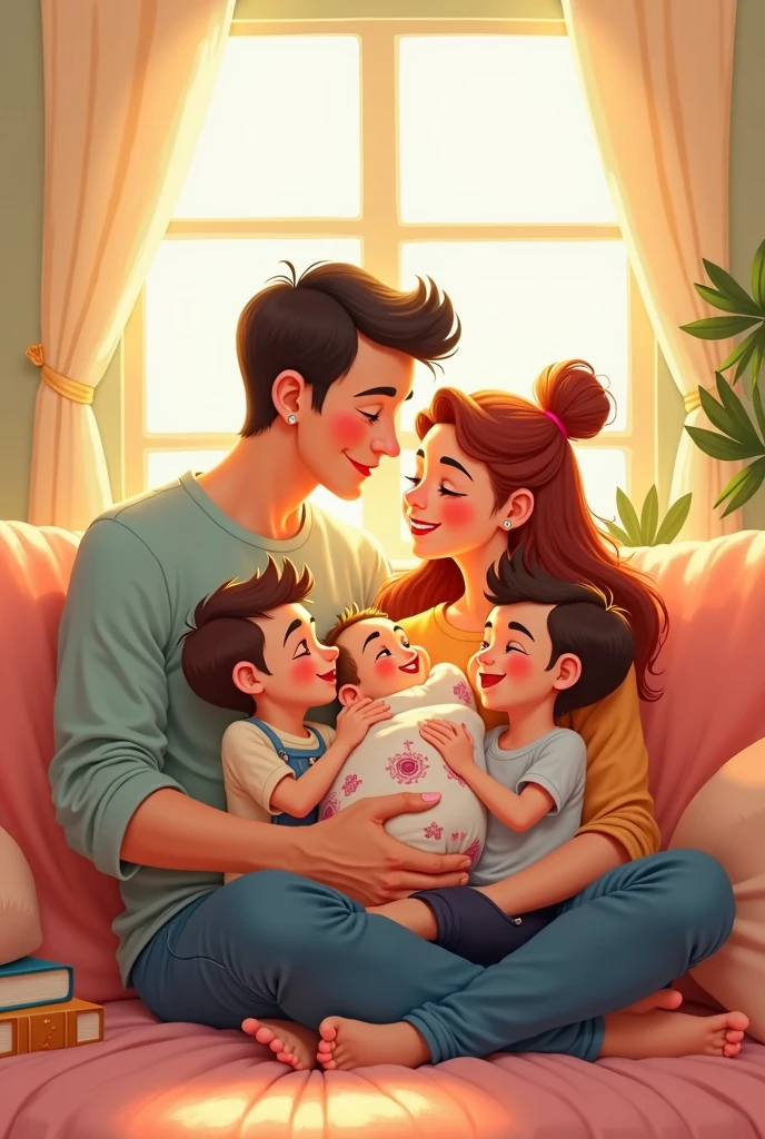Generate realistic images of happy baby with mother in bed with father and children