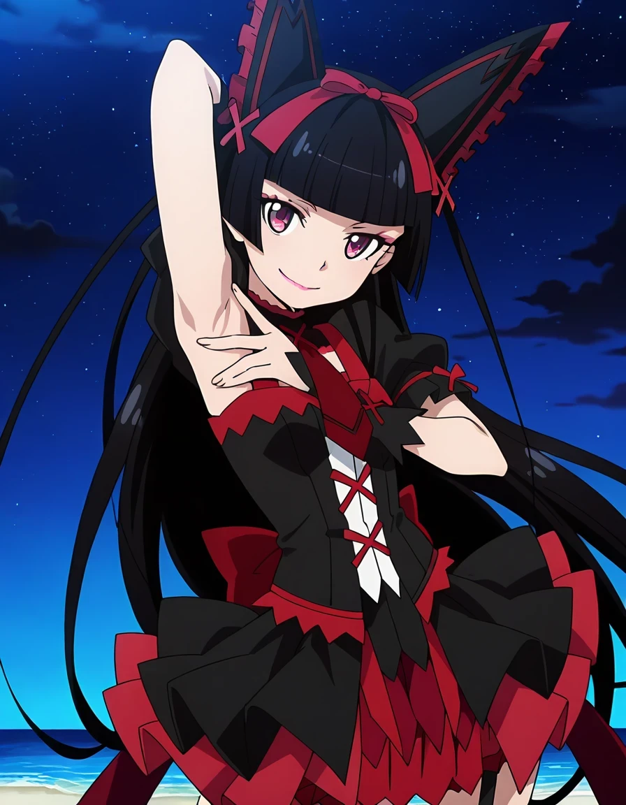 Rory Mercury, anime screencap, masterpiece, best quality, 1girl, solo, closed mouth, smile, hime cut, long hair, blunt bangs, black hair, multicolored eyes, lips, hair bow, multicolored dress, red necktie, sleeveless, ribbon trim, frilled skirt, shiny skin, high quality, solo, upper body, (contrapposto), spread armpit, presenting armpit, hand behind head, closed mouth, night sky, beach, looking at viewer, smile, best quality