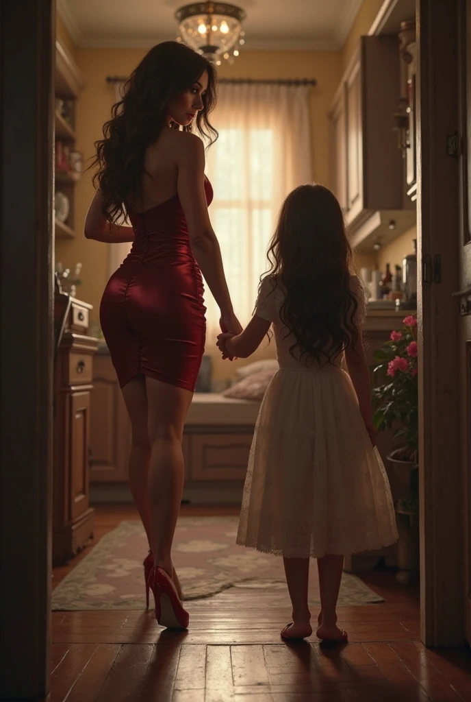 there is a woman em um vestido vermelho standing in front of a mirror, usando vestido vermelho, vestindo um Cheongsam vermelho, usando um vestido vermelho, usando um vestido de sol vermelho, roupas vermelhas, em um vestido vermelho, usando um vestido, vestido vermelho, usando um vestido longo, wearing roupas vermelhas, complete view, garota usa um vestido vermelho, vestido aberto, Tiro lateral. Uma mulher com pele branca bronzeada e cabelos escuros. ela tem cerca de 35 anos. Your slightly plump lips are like a delicate flower, o marrom escuro dela, olhos grandes e encantadores parecem conter um mundo de maravilhas. Corpo fino. cintura fina. Your body exudes glamor and your face is the definition of beauty. teste, Altamente realista, pele avermelhada, Lindo, soft lips, batom cor de rosa, sorridente, feeling of lightness and joy, hiperrealismo, pele muito elaborada, olhar direto. foto de corpo inteiro, Limpar foto, alta qualidade, high resolution, obra de arte, 8k
