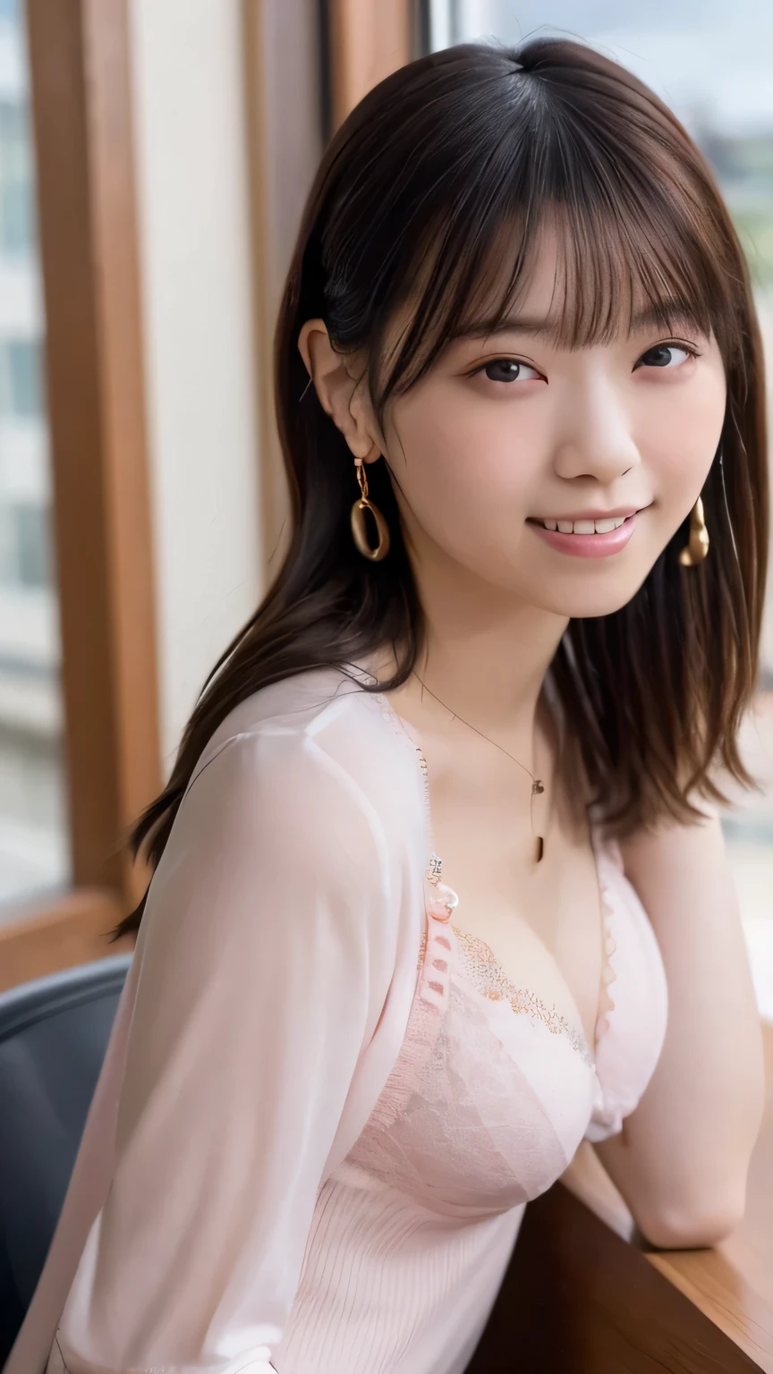 Highest quality, (beautiful)、A pink mini dress with shoulder straps、Larger breasts、Brown Hair、looking at the camera、Sit on the sofa、Close-up、smile、pub、tiara、necklace、Earrings、Holding a glass in your hand、Dimly lit room