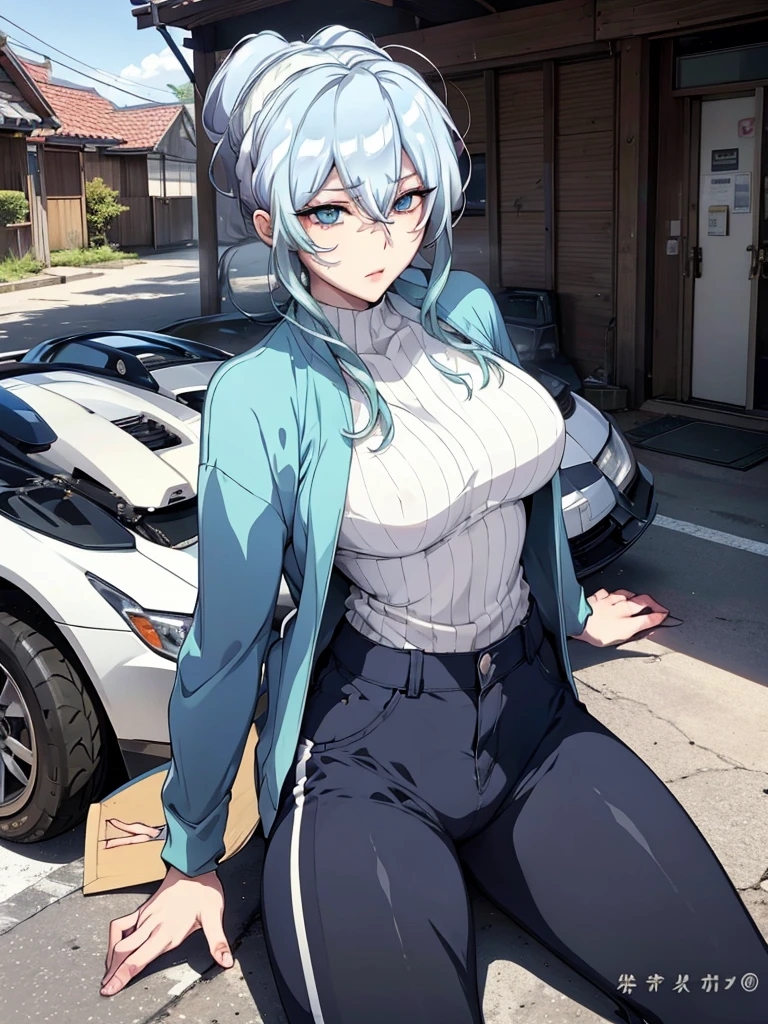 (((masterpiece))), ShizukaMikazuki, One Girl, alone, View your viewers, Long Hair, Gray Hair, Long sleeve, Cleavage, Large Breasts, Mature Body,clavicle, Jacket, Open clothes, open Jacket, blue Jacket, Ground vehicles, Play sports often, bicycle,blue eyes, High Ponytail, Red ribbon,smile,Embarrassed face,Earrings,Belly button piercing