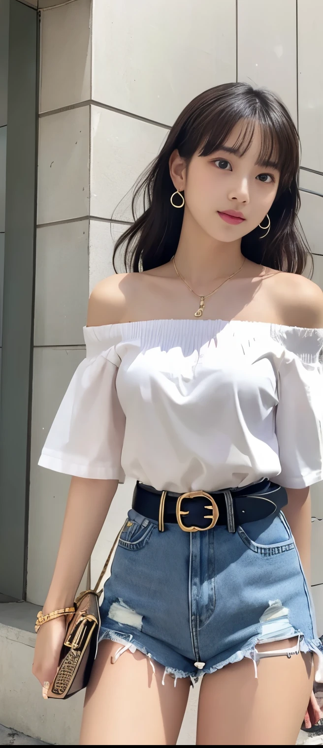 Pure idol girl、whole body、Good style、、、、、、、、、、Tanned thick legs、Night Town、Yellow Pleated Mini Skirt、Off-the-shoulder shirt、Brown Short Hair、Cross Belt