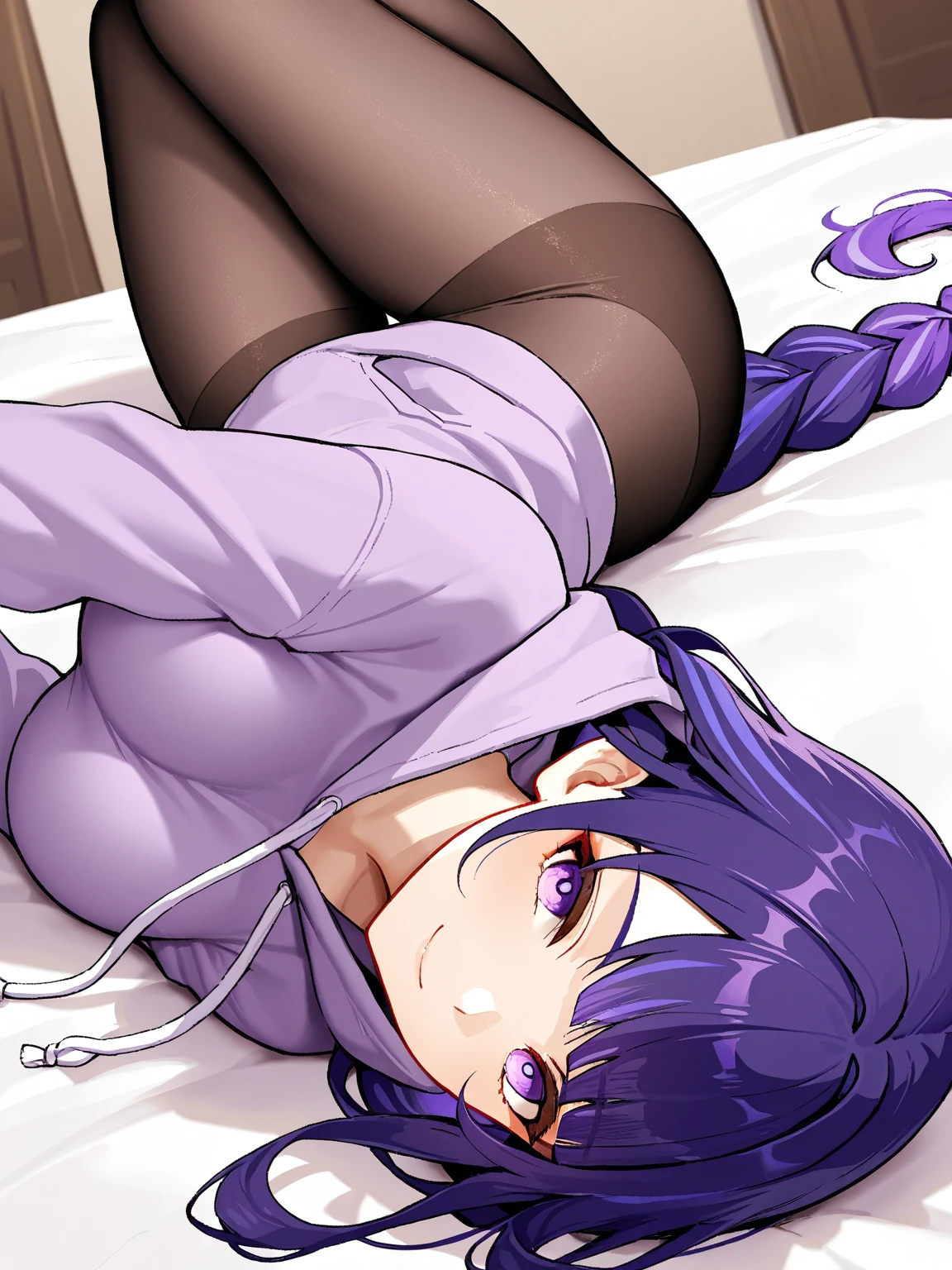 masutepiece, Best Quality, High quality, 1boy, Solo, Male Focus, purple color hair, length hair, a purple eye, Crying face, red blush, Navy Chinese style clothing, leggins, bare-legged, Lying in bed