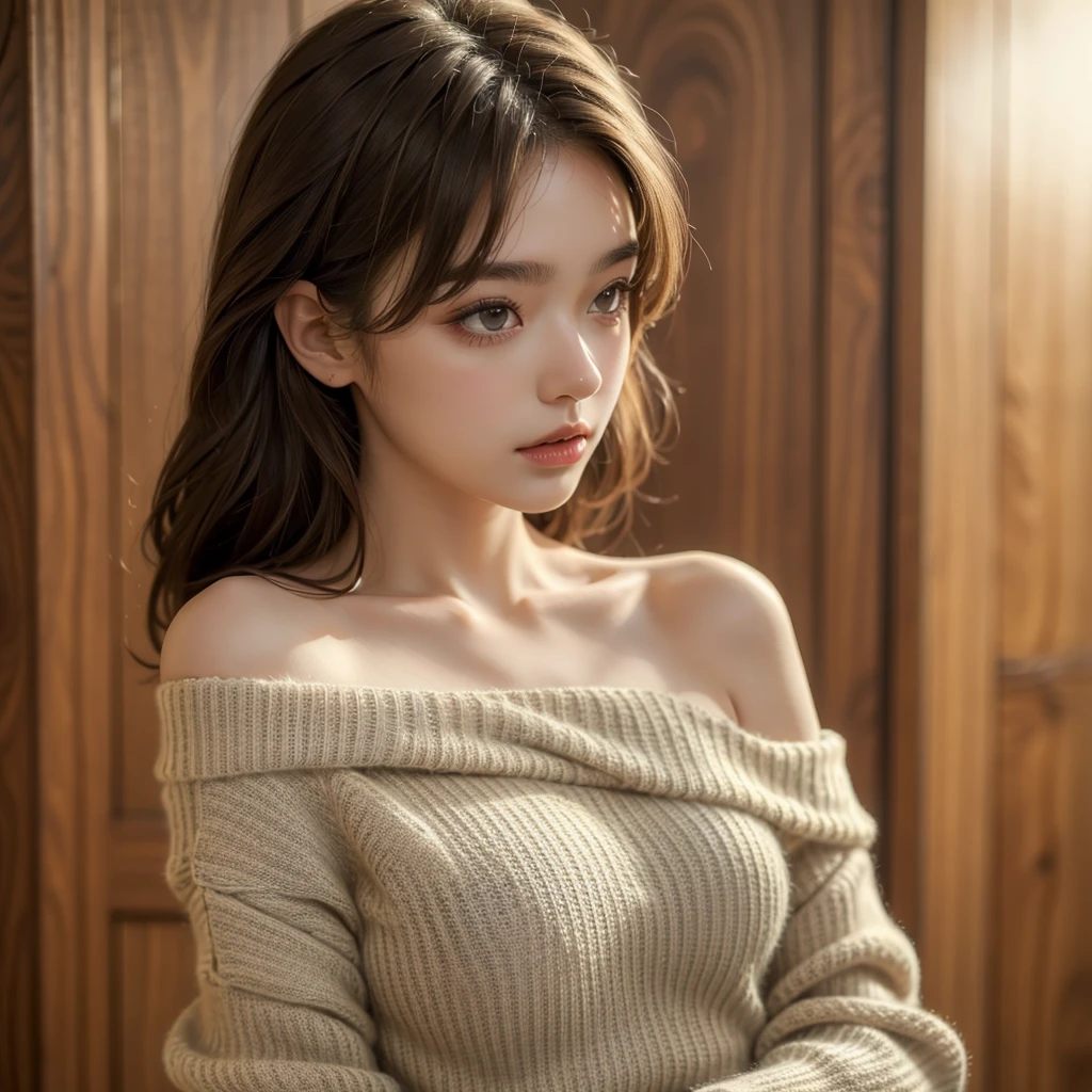 (Masterpiece, Best Quality, photorealistic, high resolution, Photography, :1.3), Waist up pose shot, sharp focus, 1 dark brunette girl, European girl, Hot model, highly detailed eyes and pupils, realistic skin, slim body shape, neckline, extremely detailed hair, delicate face, sensual look, bright lips, ((wearing an oversized loose-fitting off-the-shoulder shirt)), inside room,