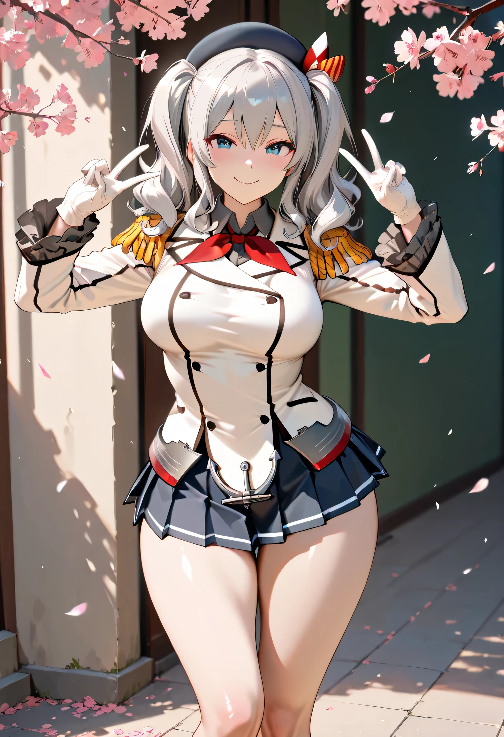 ((Top quality)), ((masterpiece)), (details),
High resolution, super detailed, very detailed CG Unity 8k wallpaper, real, photorealistic,
Beautiful fine face, detailed face.
Pale skin, realistic shining skin.
Detailed fabric texture, detailed hair texture.
(Eyes with attention to beautiful details: 1.5),
(Small hand), ((perfect hand)).
Slim legs, detailed legs.
((Perfect Anatomy)).
Perfect lighting.
Break
A girl,age:18,
鹿島(艦隊コレクション),
Kashima (kancolle),
Kashima (fleet girl’s collection),
(Gray hair:1.5), Medium Hair, wavy Hair, (twin tails),
(blue eyes:1.2),((Big smile:1.2)),
(Slender: 1.1), (big chest: 1.2),
(Most big butt: 1.3), (Fluffy thighs: 1.1), face, double v,
Break
A girl,age:18,
Navy, white military uniform,
Beret, epaulettes,
Red neckerchief,
white gloves,
jacket, ruffled sleeves, long sleeves,
pleated skirt, miniskirt, anchor, peace sign both hands, Concentrate face,
Break
According to the right side,
At garden with cherry blossoms,