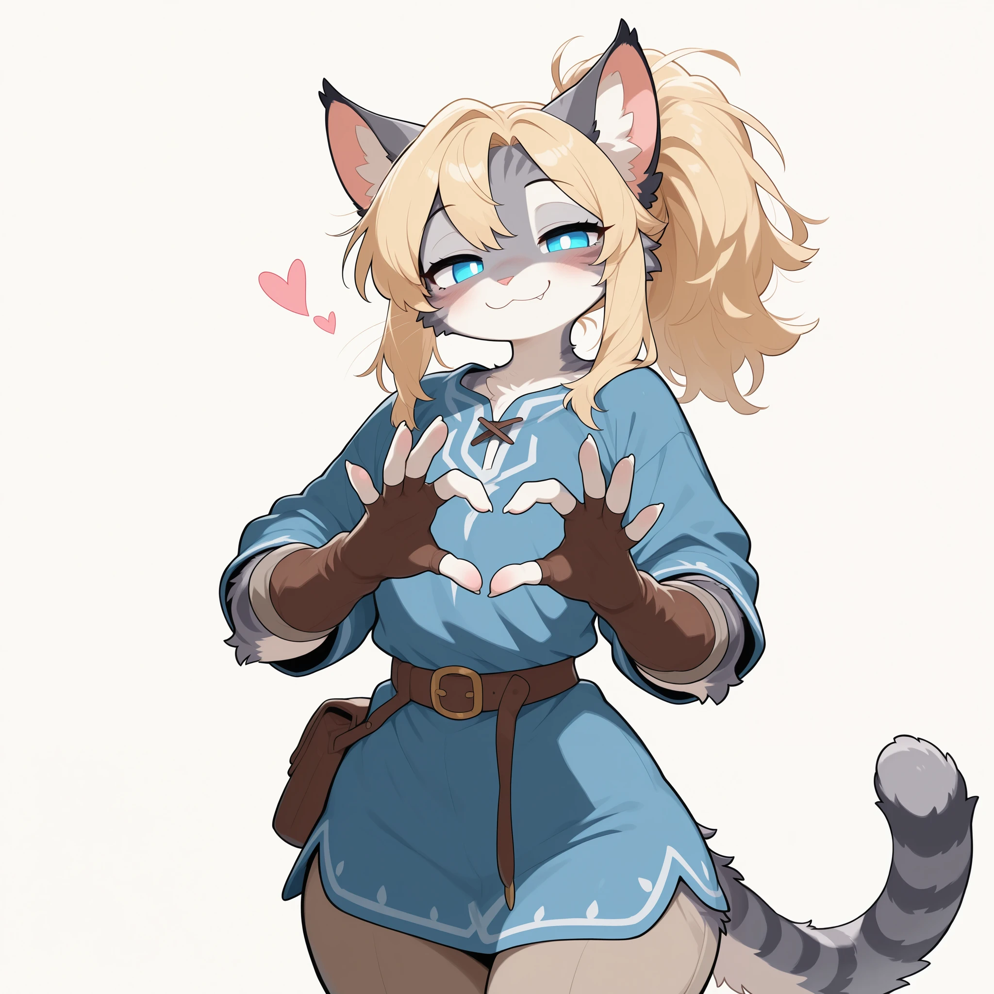 masterpiece, best quality, amazing quality, high resolution, absurdres, newest, countershading, katxl, adult female, Anthro feline cat girl, glowing blue eyes, grey striped fur, cheek fluff, blonde hair, ponytail, small chest, fingerless brown gloves, cat ears, :3, blue tunic, winking, heart gesture, , looking at viewer , white background, brown pants