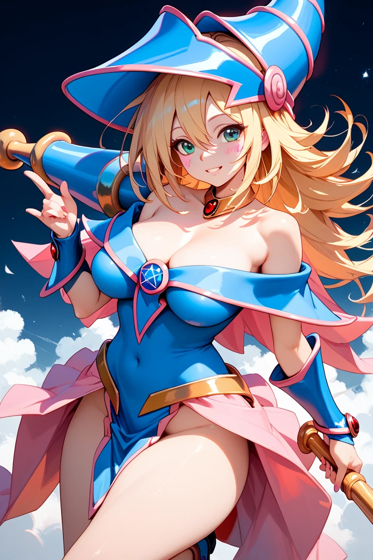Black Magician Girl、super breasts、thick thighs、blonde hair、magic circle、magic wand、Black Magician Girlのブーツを履く、Leotards that dig into the buttocks、