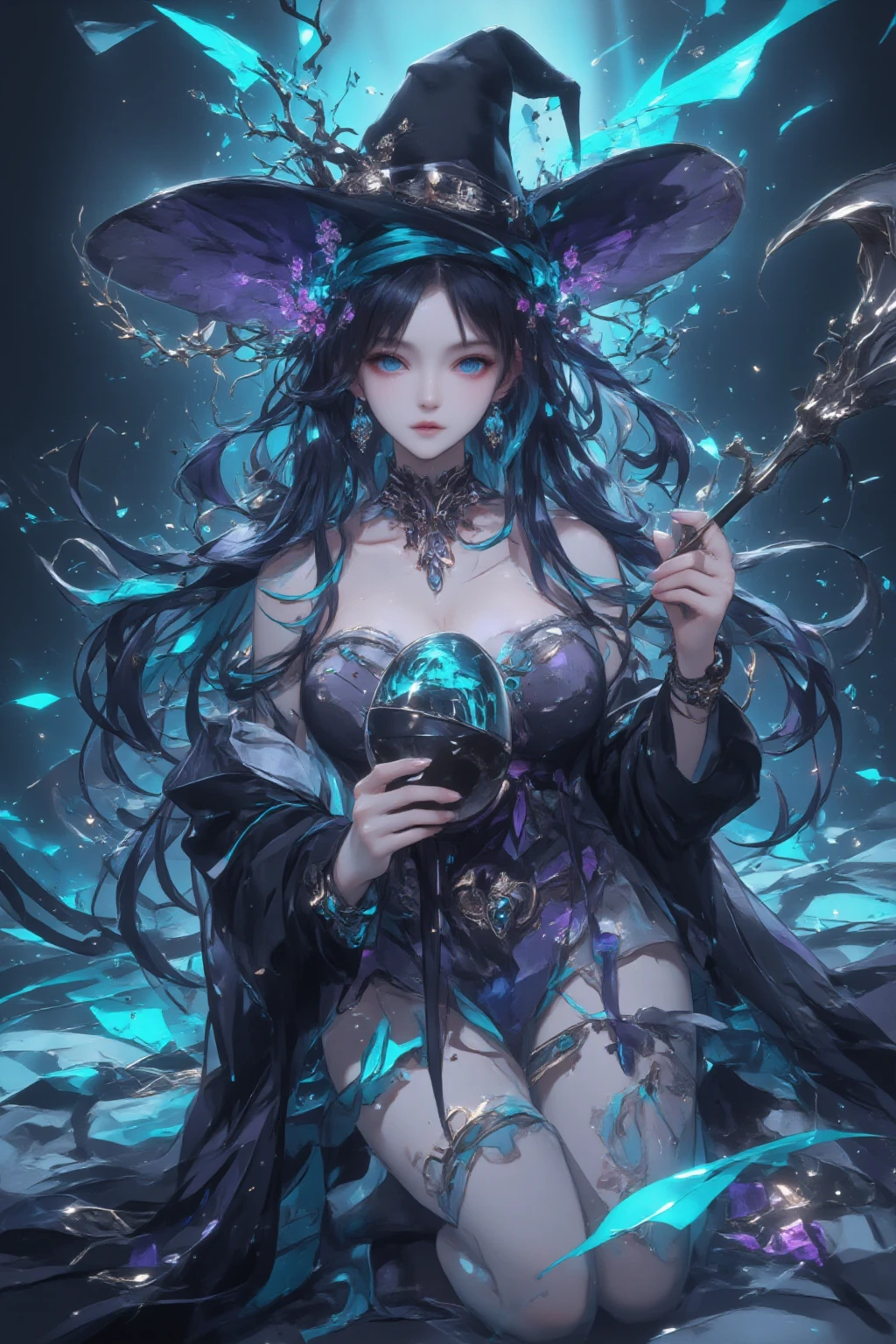 (Masterpiece:1.2), high def body, detailed eyes, (sexy:1.1), (deep cleavage:1.3), (sexy bombshell:1.2), female human, dark mage, short grey hair, grey eyes, (dark and mysterious ambiance), (flowing black robes), (glowing magical symbol on the forehead:1.1), (enchanted staff with intricate carvings), (casting a powerful spell), (crackling purple energy), (sinister grin), (ominous purple background), (subtle rays of moonlight), (surreal and ethereal lighting), (exquisite attention to facial expressions), (captivating and alluring gaze), (intricate makeup emphasizing the eyes:1.1), (subtle but mesmerizing glitter), (delicate and graceful movements), (aura of power and confidence), (creating a magical shield), (swirling vortex of dark energy), (floating magical runes), (ancient and arcane scrolls), (sparks of arcane energy), (mystical smoke and mist), (mysterious and captivating presence), (intense and captivating spellcasting), (mastery over shadows and darkness), (enigmatic and intriguing personality), (dramatic and dynamic poses), (contrast between light and shadows), (depth and dimension in body and facial features), (vibrant and rich color palette), (contrast between warm and cool tones), (saturated and bold colors), (mystical and magical atmosphere), (haunting and otherworldly beauty), (evoking a sense of awe and wonder), (combining elegance and power), (perfect balance between realism and fantasy).