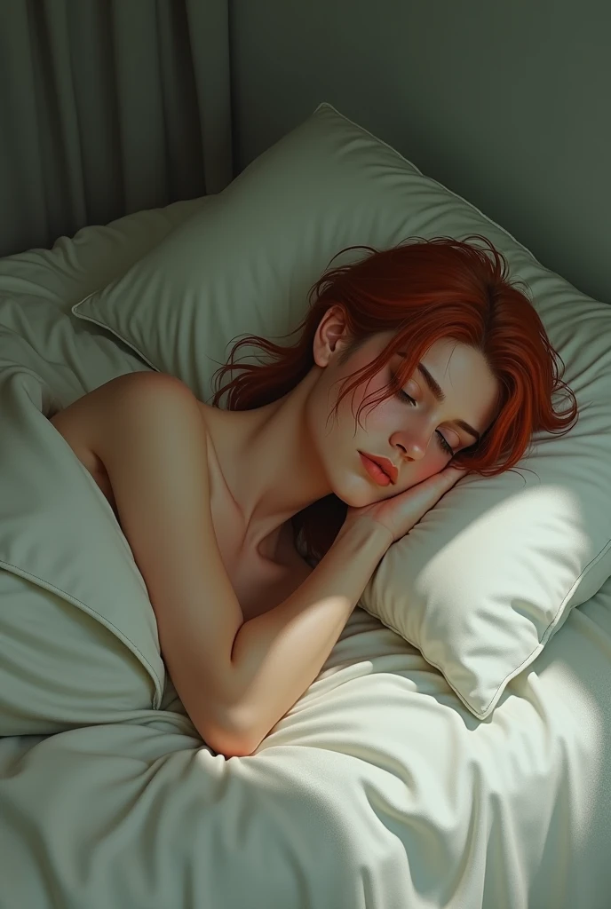 Girl with red curly hair sleeping on bed, The girl is asleep, lying on a pillow, covered eyes, The Sleeping Man, Bed by the window, Space outside the window, Cyberpunk room, computer, computer desk