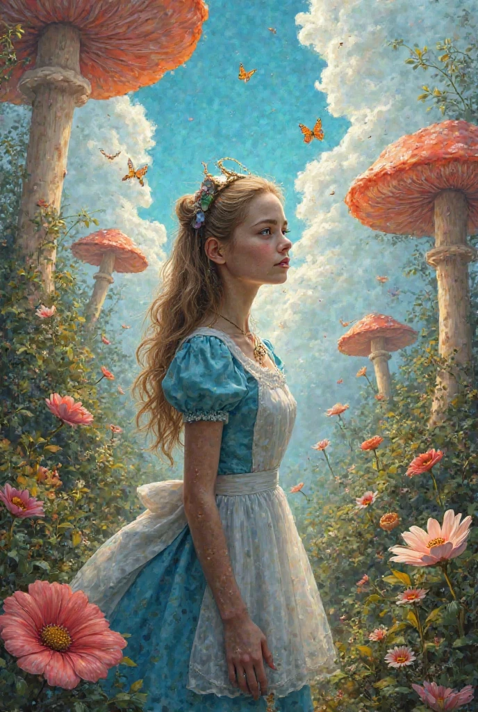 beautiful detailed blue eyes, beautiful detailed lips, extremely detailed eyes and face, longeyelashes, 1girl, Alice, realistic, falling down the rabbit hole, detailed fantasy garden, vibrant colors, magical, whimsical, soft lighting, photorealistic, 8k, highres, masterpiece, ultra-detailed, realistic, photorealistic, photo-realistic