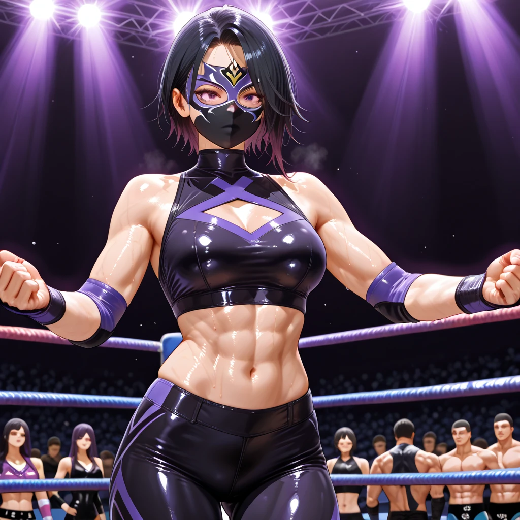 masterpiece,best quality, dark blue hair,purple eyes,breasts,wavy hair,swept bangs,medium hair, <lora:edgFemaleWresting:0.7>, edgfewr, wearing edgfewr_costume, wrestling ring