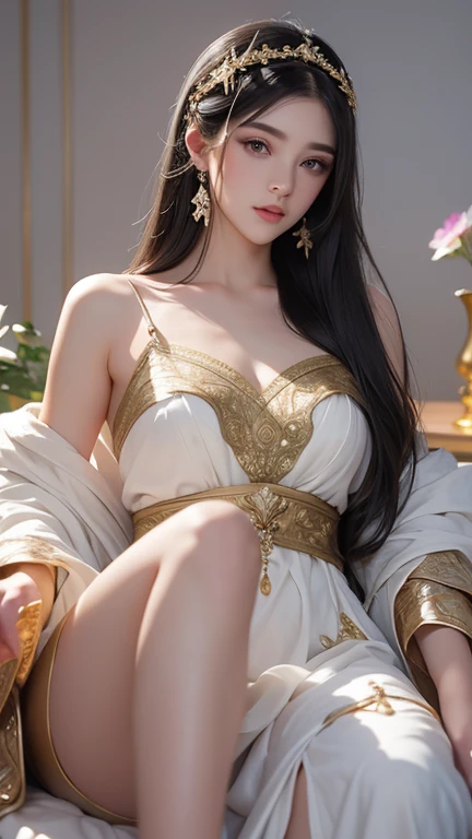 Epic perilous defeated scenery of a beautiful maiden in a roman palace, (defeated unconscious asleep, body lying on the ground floors of the palace), beautiful enchanting white skin Indonesian Maiden age 27 year old, perfect aspects, 36-24-36 body ratio, slim abs, slim natural round breasts, wearing beautiful loose white toga over one shoulder, one bare breast, gold dress accents, white maxi high thigh leather boots, beautiful long 1.5m loose hair with micro gold headband, white long cape, detailed face, ultra realistic photography, natural lighting, sharp focus, dof, (((masterpiece))), 64k