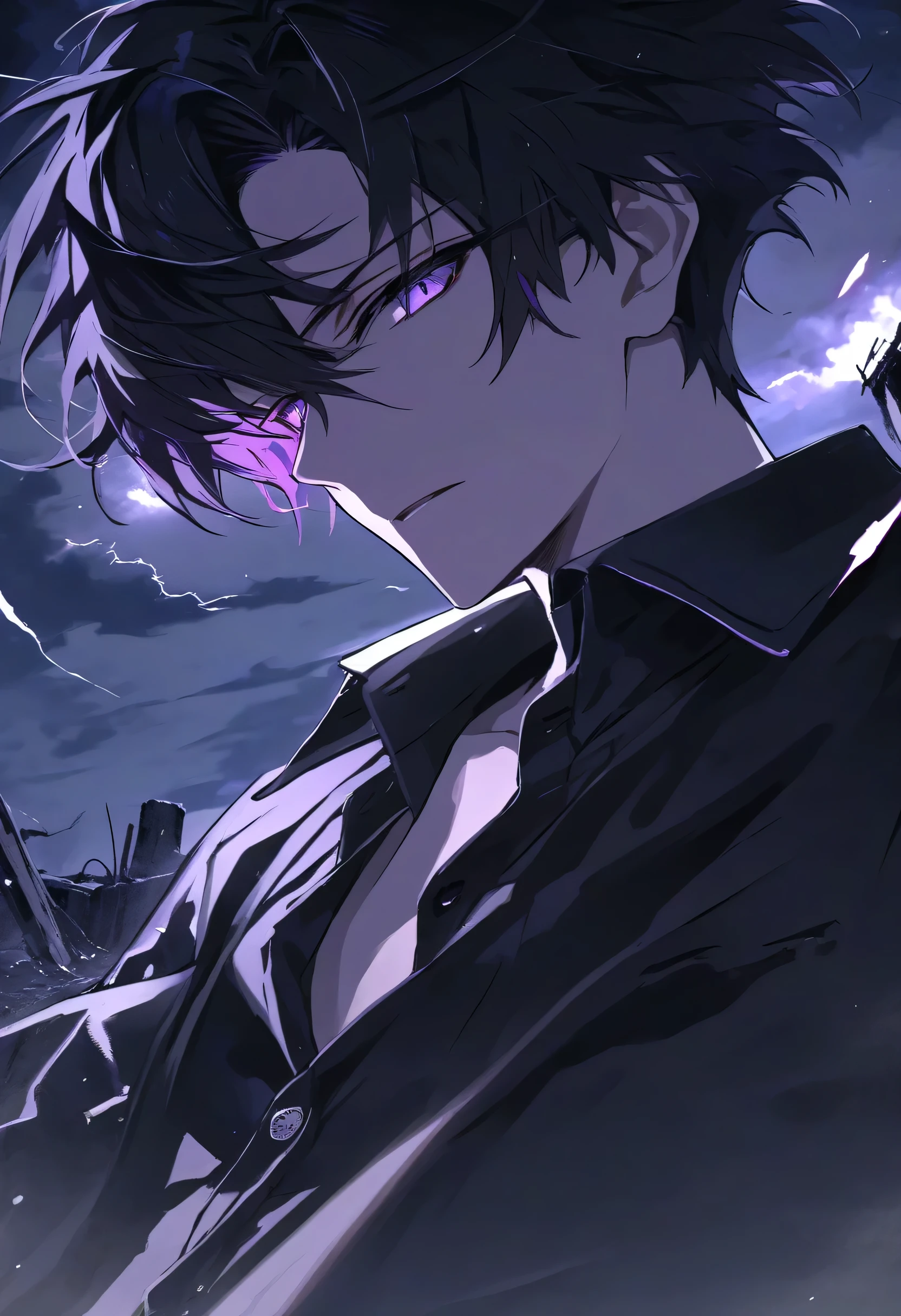 Male + black hair + purple eyes + black blazer (unbuttoned) + black dress shirt + face shot + solo + ruins background + nighttime + stormy sky