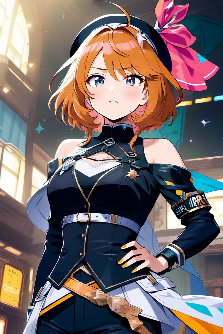 score_9, score_8_up, source_anime, 1girl, solo, KiaraBase, pink eyes, glowing eyes, long hair, feather earrings, orange beret, mini chef hat, ribbon choker, orange vest, detached sleeves, white sleeves, midriff, orange microskirt, belt, white thighhighs, spot color, lineart, sketch, fire, flames, smile, <lora:Potat-lineart_sketch_v1-USENEG:-1> <lora:ChamTakanashiKiaraPonyXL-000009:1>