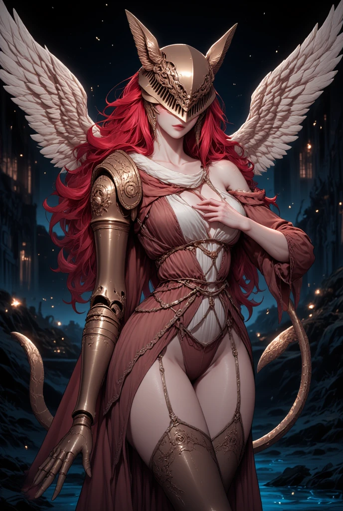 Highly detailed, High Quality, Masterpiece, beautiful, 1girl, prothestic leg, single mechanical arm, prosthesis, MaleniaRot, wings, covered eyes, scar, butterfly, bug, <lora:MaleniaV2:1>, IncrsBurntScar, <lora:BurntScarOnFace:1>