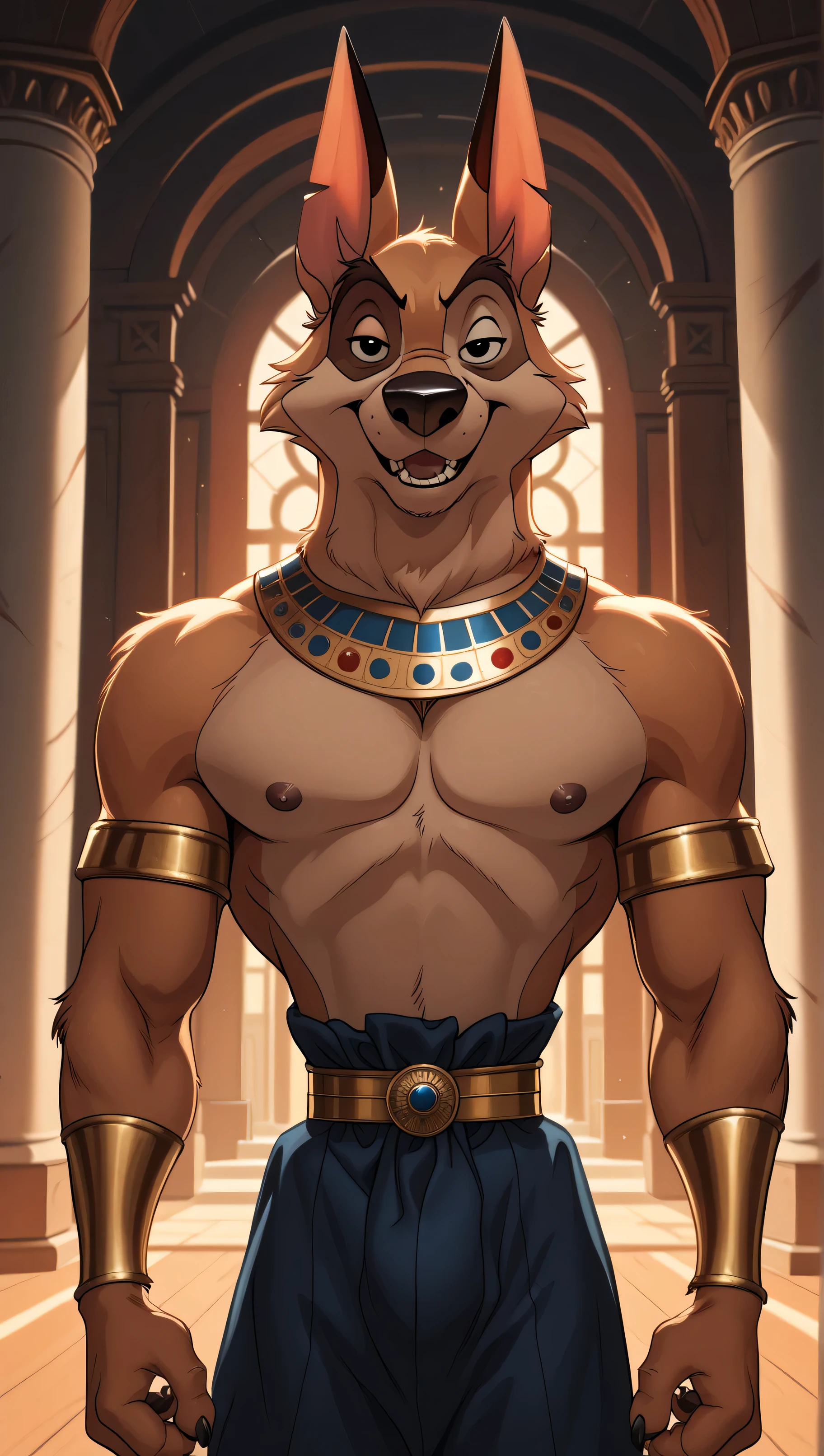 Kaltag pny, alaskan malamute, solo, detailed, detailed face, detailed eyes, anthro body, male, adult, very muscular:1.1, cartoon shading, cel shaded:1.0, flat colors, shirtless, wfa style, negger style, cartoony anatomy, above waist, looking at viewer, arms crossed, countryside background:1.1