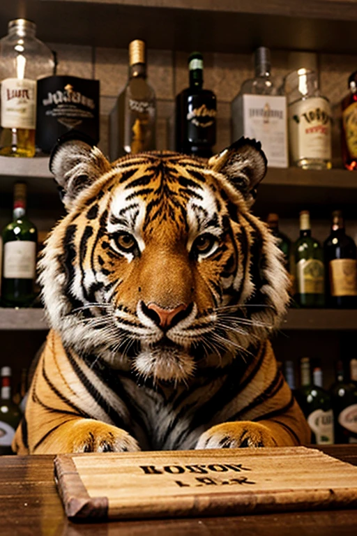 Elegant lioness without mane paw with nails painted in Jaguar skin next to a sophisticated drink