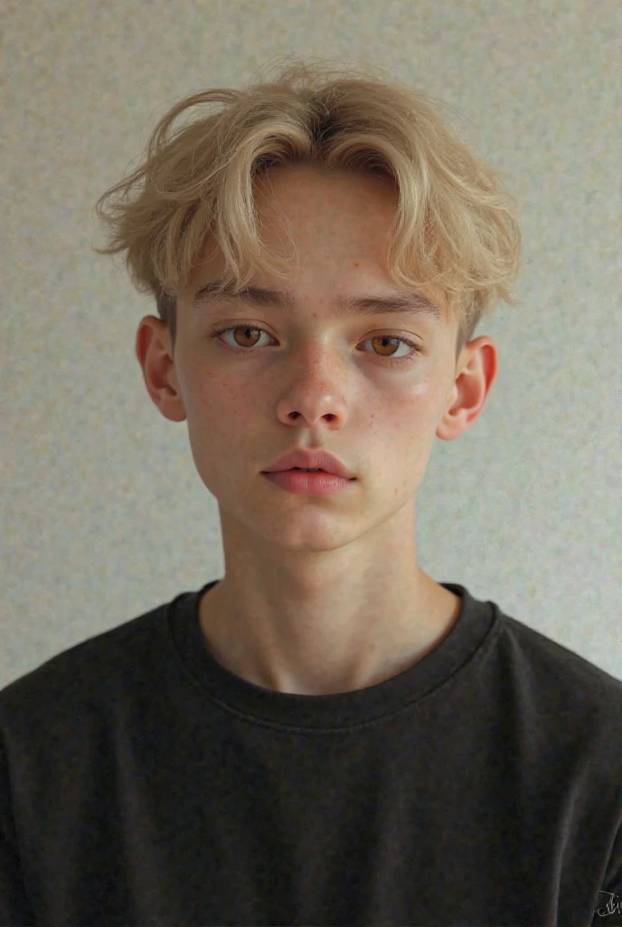 ultra realistic portrait of a 15 year old boy, blonde hair, brown eyes with minimal green iris, feminine face, full body portrait, boy as pediatric patient, standing in medical chnage room, wearing teal patient gown, excited, blushed cheeks, narrow face, big eyes, small narrow nose, ultra thin discrete blonde eybrows