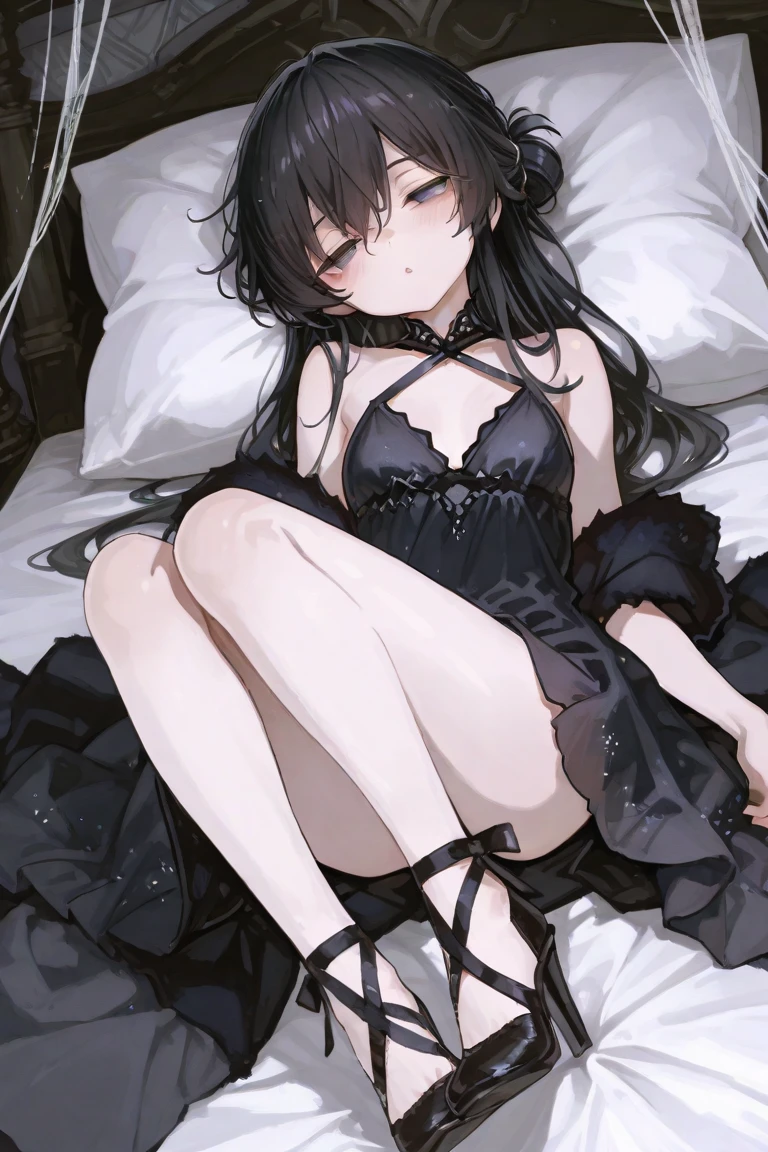 flowers in hair, hair ties, open mouth, dress, on her back, side slit dress, high slit dress, sideboob, black hair, hole torn in dress that reveal the pussy, loose leaky pussy with cum, translucent and clear skin, see through skin